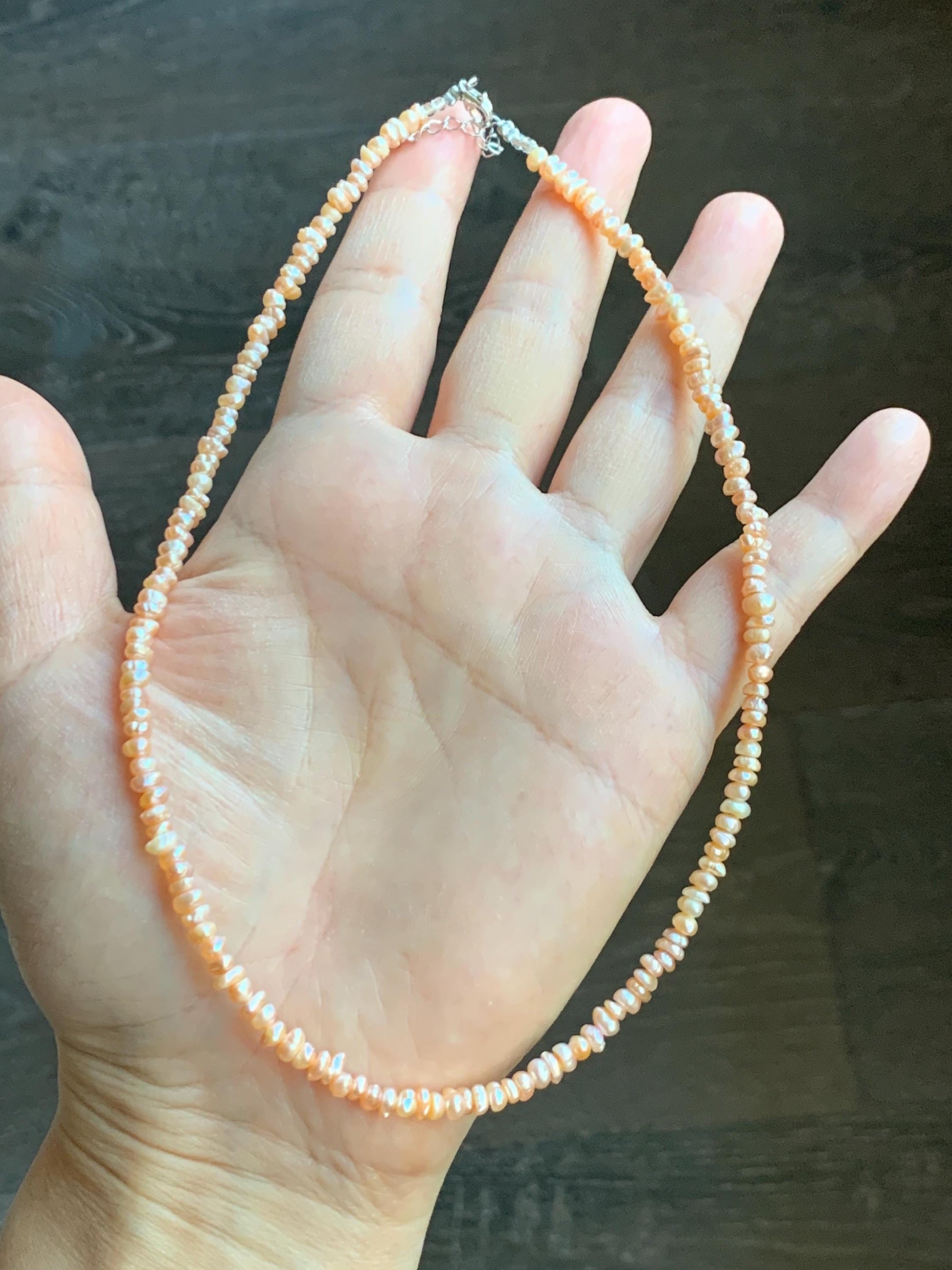 Natural Freshwater All-Nacre Metallica Peachy Pink Petite Baroque Pearls Necklace Sterling Silver 3.6mm 15”-16.5” 9g 天然淡水无核桃粉巴洛克珍珠项链 TSP1602