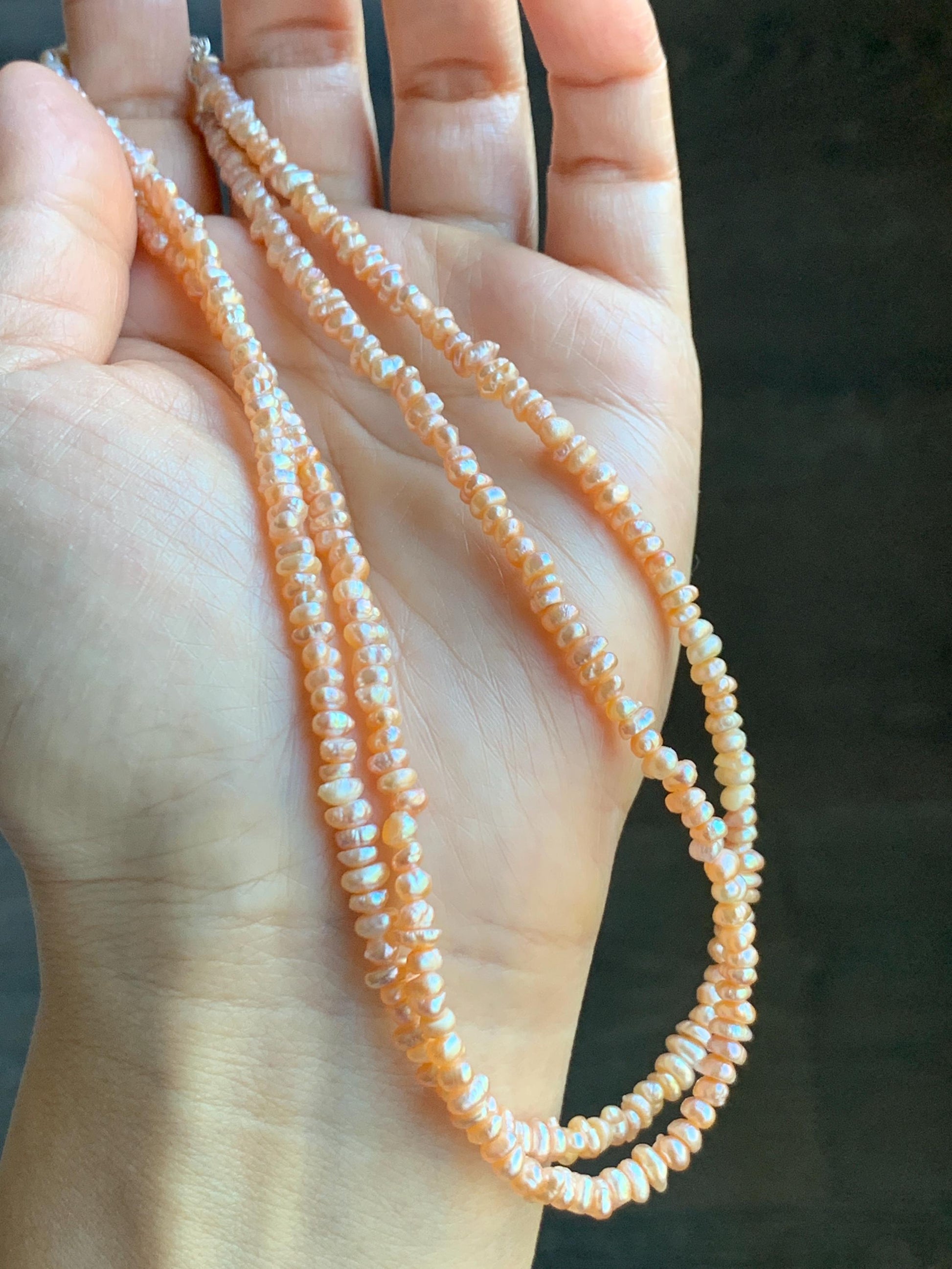Natural Freshwater All-Nacre Metallica Peachy Pink Petite Baroque Pearls Necklace Sterling Silver 3.6mm 15”-16.5” 9g 天然淡水无核桃粉巴洛克珍珠项链 TSP1602
