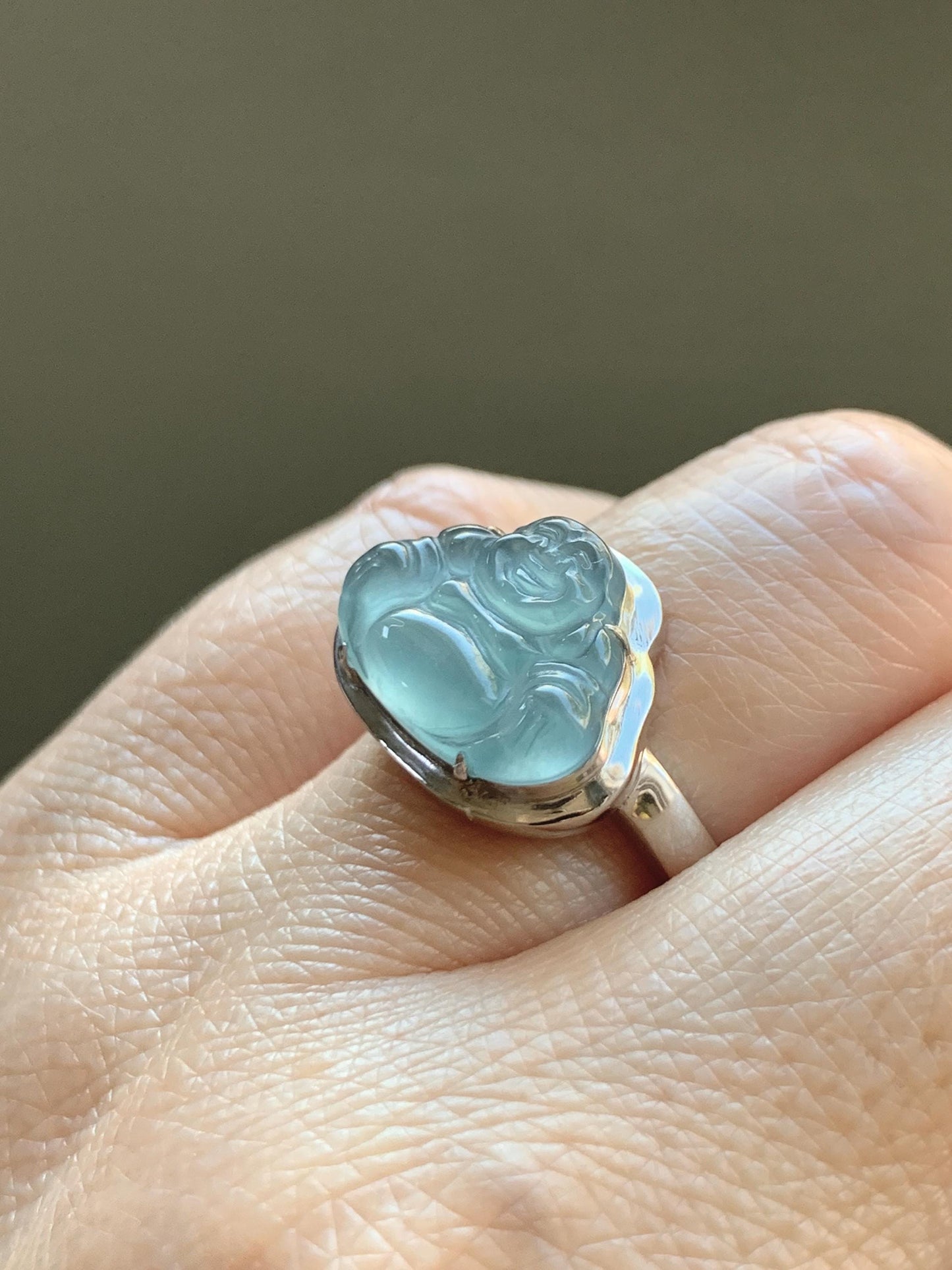 Certified Natural Guatemalan Icy Highly Translucent Teal Blue Jade Jadeite Buddha Ring Sterling Silver Size 7 US 5.77g 天然冰危浅蓝起光翡翠佛公戒指 1678
