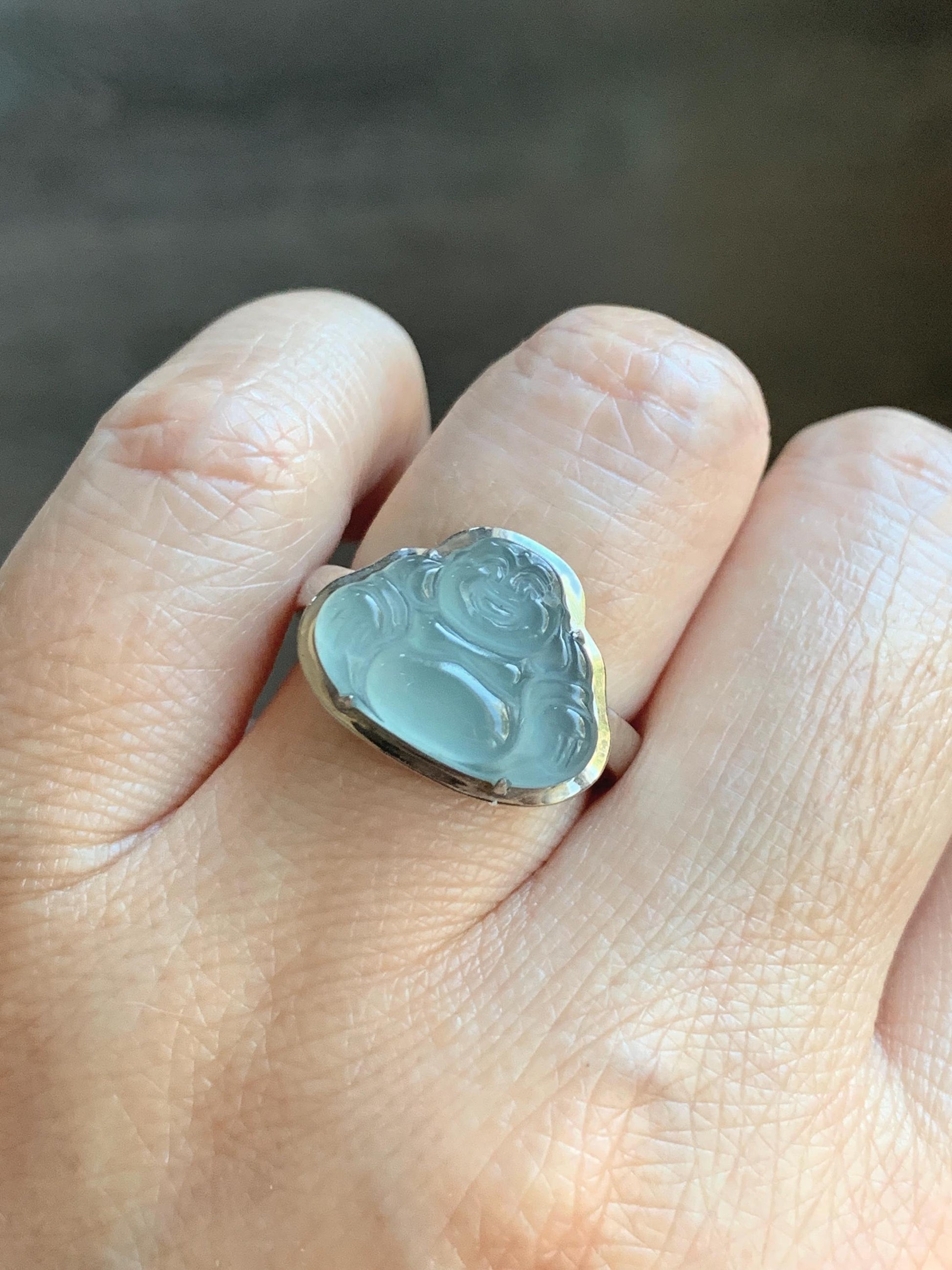 Certified Natural Guatemalan Icy Highly Translucent Teal Blue Jade Jadeite Buddha Ring Sterling Silver Size 7 US 5.77g 天然冰危浅蓝起光翡翠佛公戒指 1678