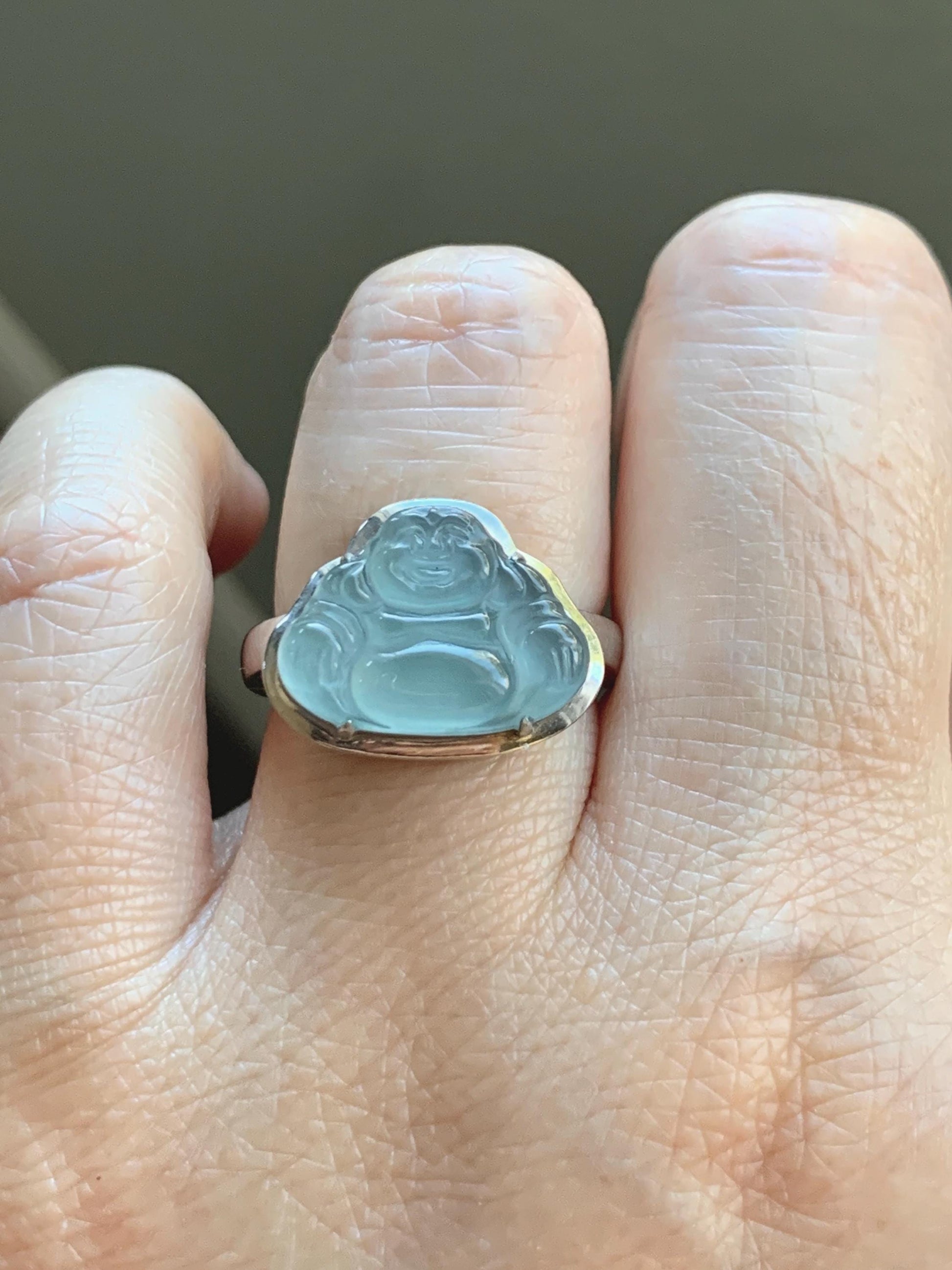 Certified Natural Guatemalan Icy Highly Translucent Teal Blue Jade Jadeite Buddha Ring Sterling Silver Size 7 US 5.77g 天然冰危浅蓝起光翡翠佛公戒指 1678