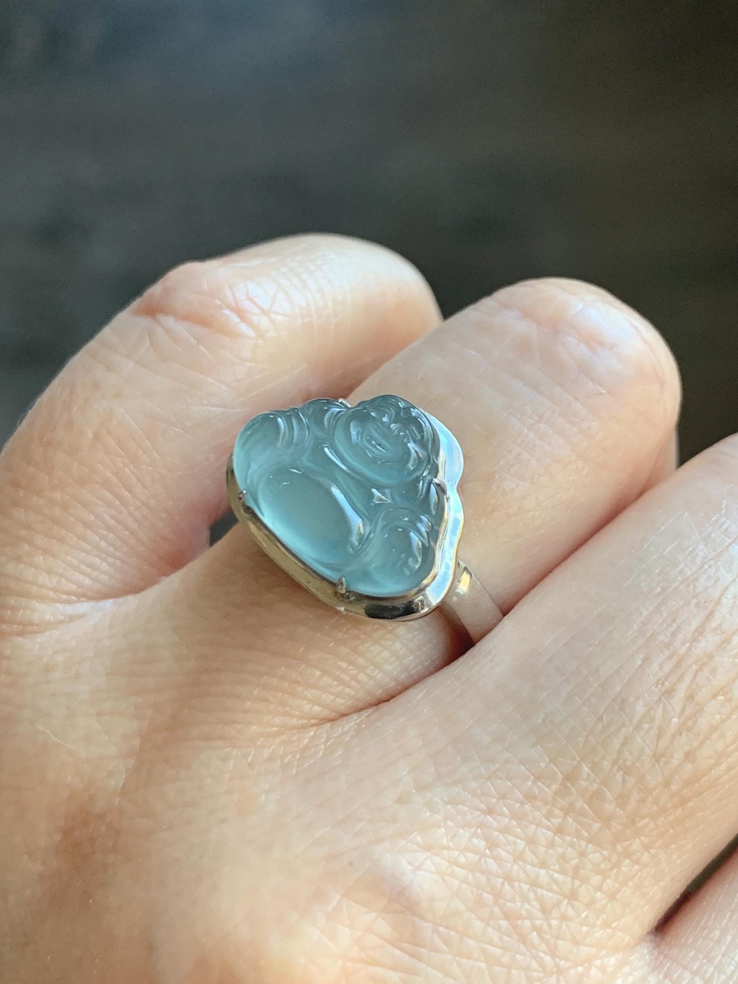 Certified Natural Guatemalan Icy Highly Translucent Teal Blue Jade Jadeite Buddha Ring Sterling Silver Size 7 US 5.77g 天然冰危浅蓝起光翡翠佛公戒指 1678