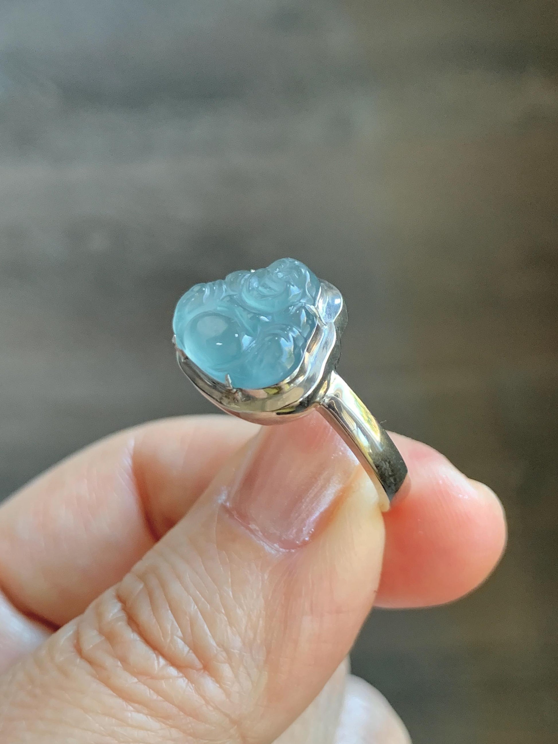 Certified Natural Guatemalan Icy Highly Translucent Teal Blue Jade Jadeite Buddha Ring Sterling Silver Size 7 US 5.77g 天然冰危浅蓝起光翡翠佛公戒指 1678