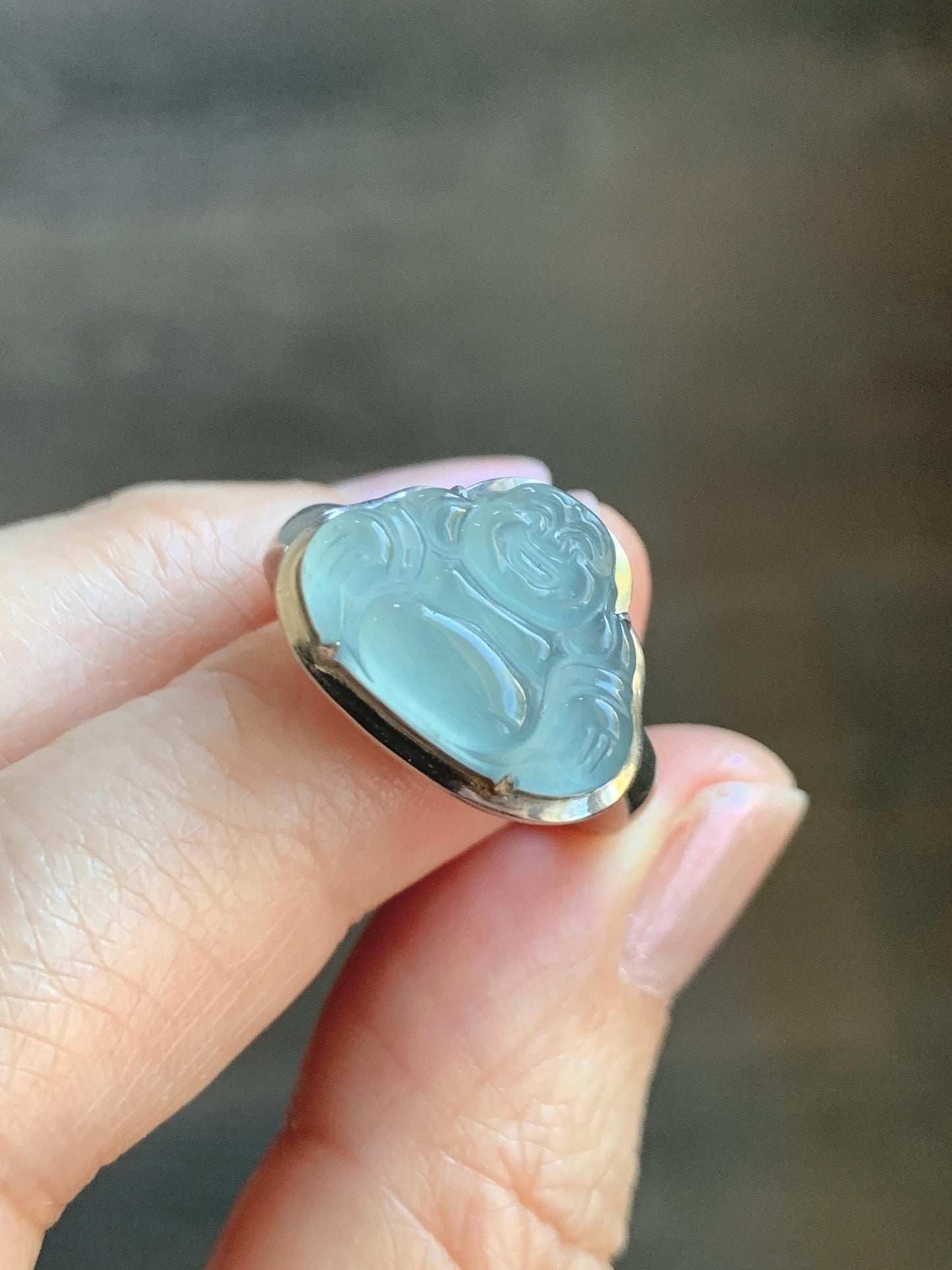 Certified Natural Guatemalan Icy Highly Translucent Teal Blue Jade Jadeite Buddha Ring Sterling Silver Size 7 US 5.77g 天然冰危浅蓝起光翡翠佛公戒指 1678