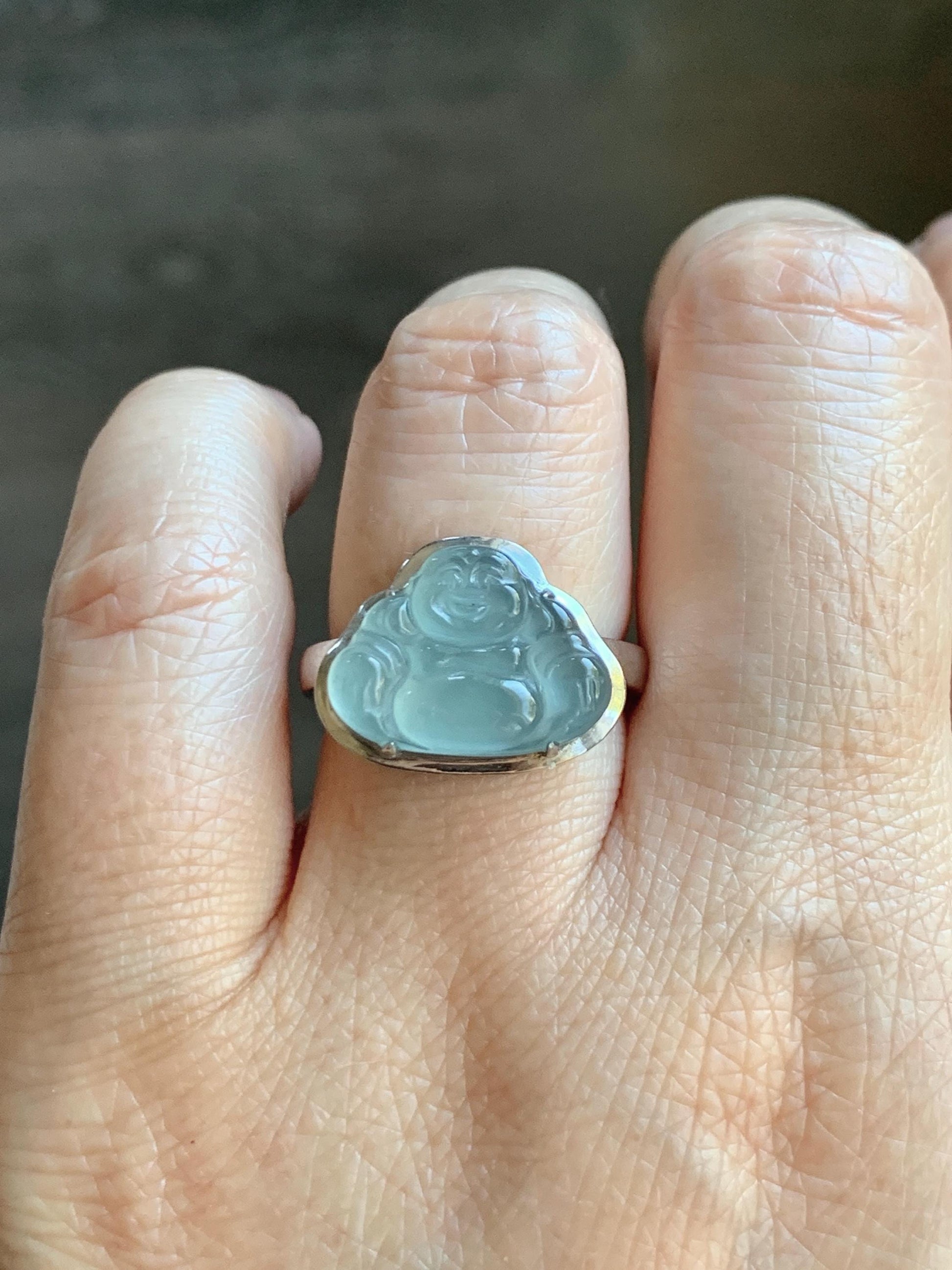 Certified Natural Guatemalan Icy Highly Translucent Teal Blue Jade Jadeite Buddha Ring Sterling Silver Size 7 US 5.77g 天然冰危浅蓝起光翡翠佛公戒指 1678