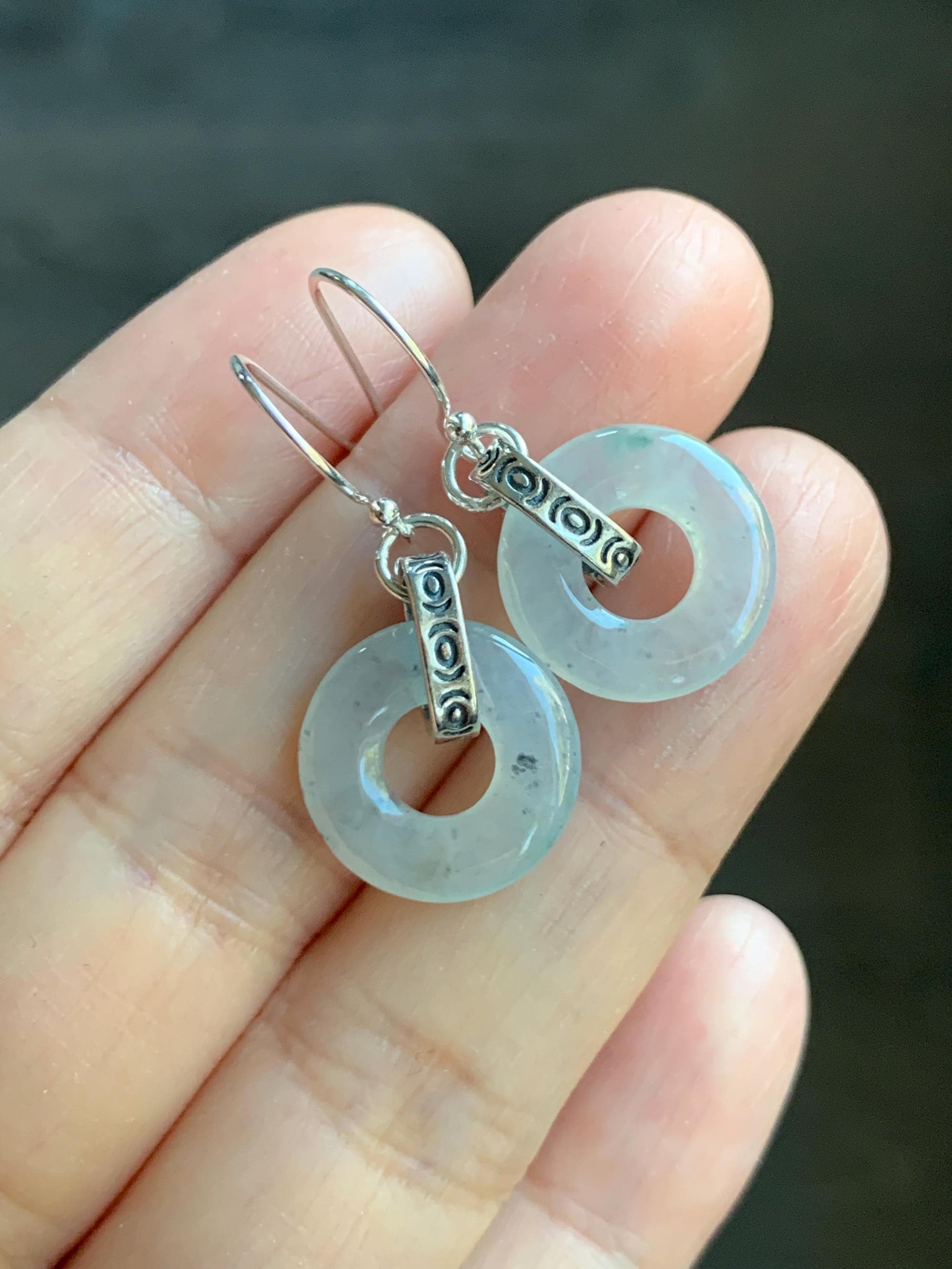 Natural Grade A Icy Highly Translucent White Wuji Jade Jadeite Ping An Kou Donut Ring Earrings Sterling Silver 天然起冰白乌鸡翡翠平安扣耳钩 MWJ66A
