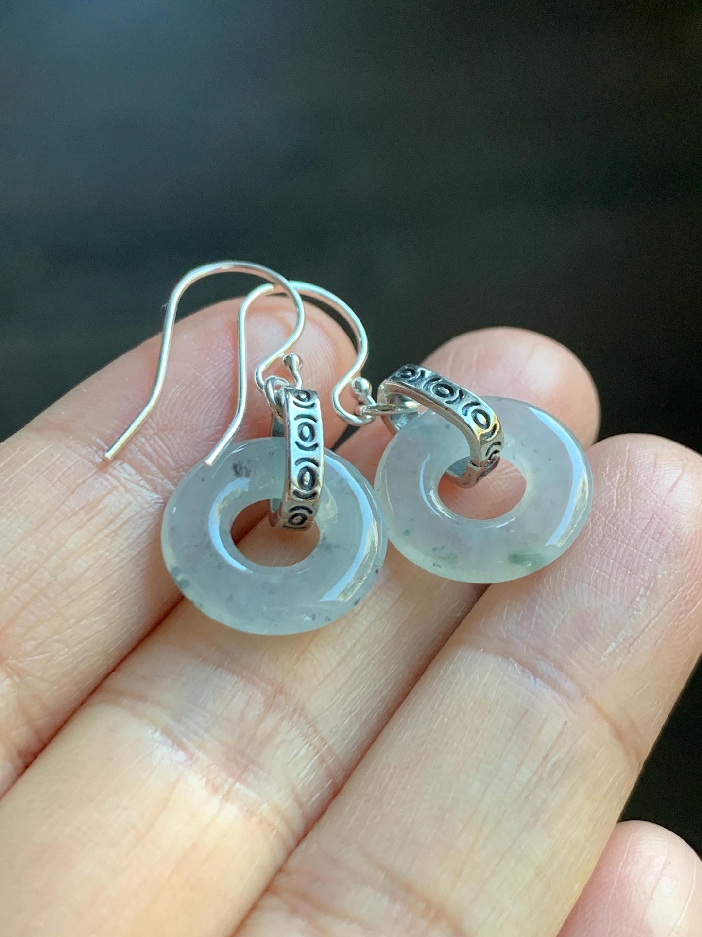 Natural Grade A Icy Highly Translucent White Wuji Jade Jadeite Ping An Kou Donut Ring Earrings Sterling Silver 天然起冰白乌鸡翡翠平安扣耳钩 MWJ66A