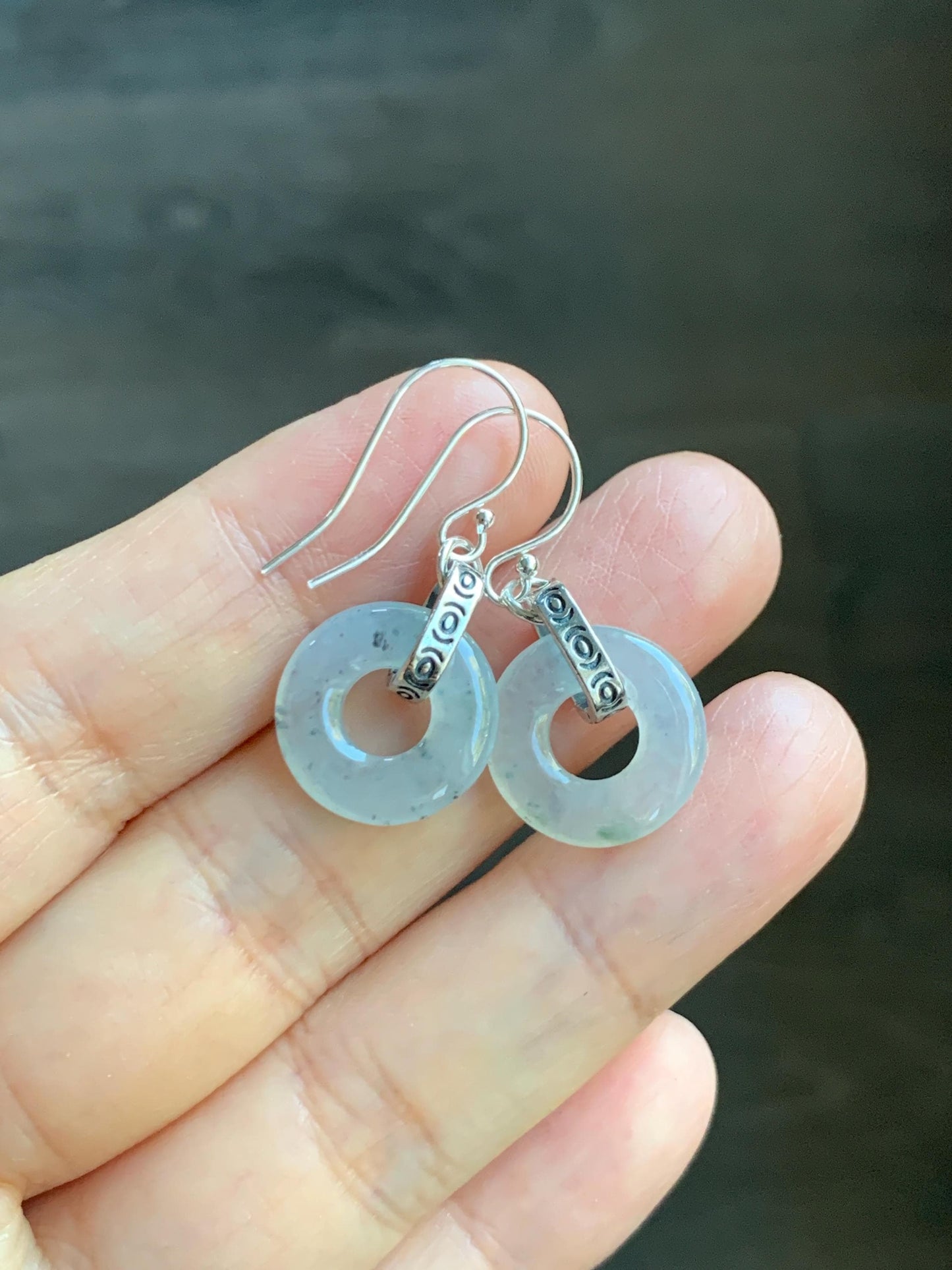 Natural Grade A Icy Highly Translucent White Wuji Jade Jadeite Ping An Kou Donut Ring Earrings Sterling Silver 天然起冰白乌鸡翡翠平安扣耳钩 MWJ66A