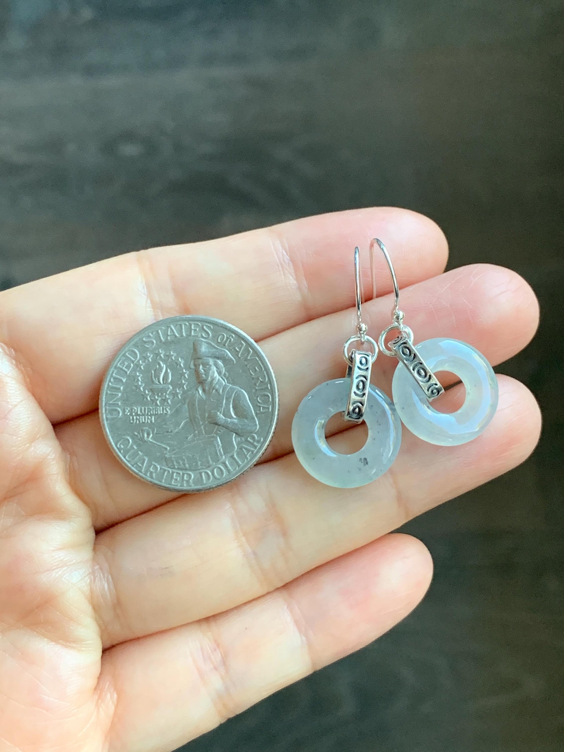 Natural Grade A Icy Highly Translucent White Wuji Jade Jadeite Ping An Kou Donut Ring Earrings Sterling Silver 天然起冰白乌鸡翡翠平安扣耳钩 MWJ66A