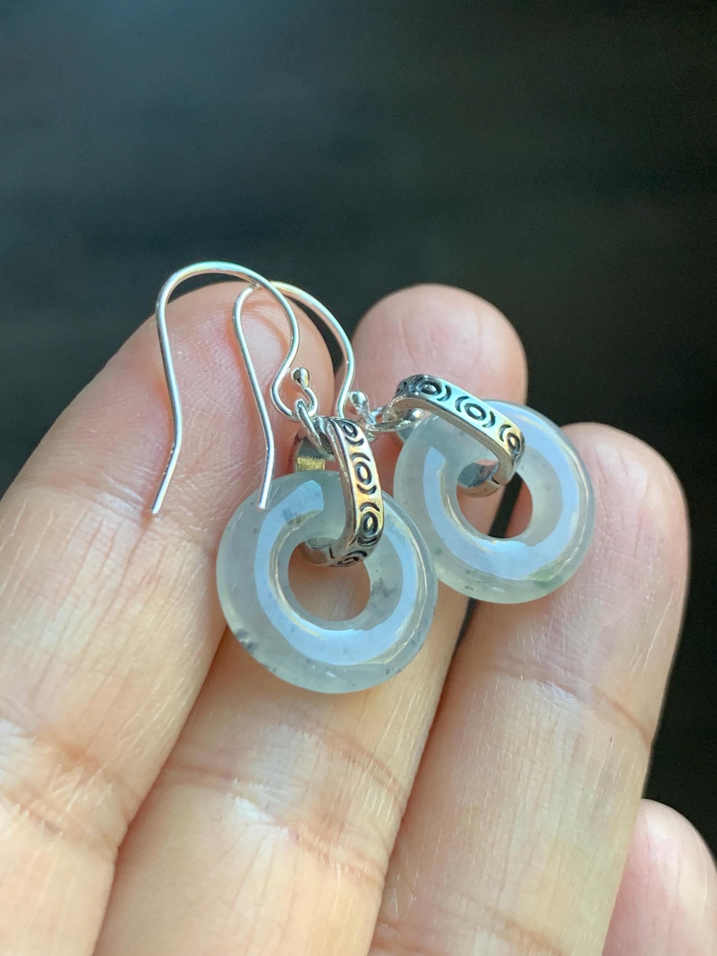 Natural Grade A Icy Highly Translucent White Wuji Jade Jadeite Ping An Kou Donut Ring Earrings Sterling Silver 天然起冰白乌鸡翡翠平安扣耳钩 MWJ66A
