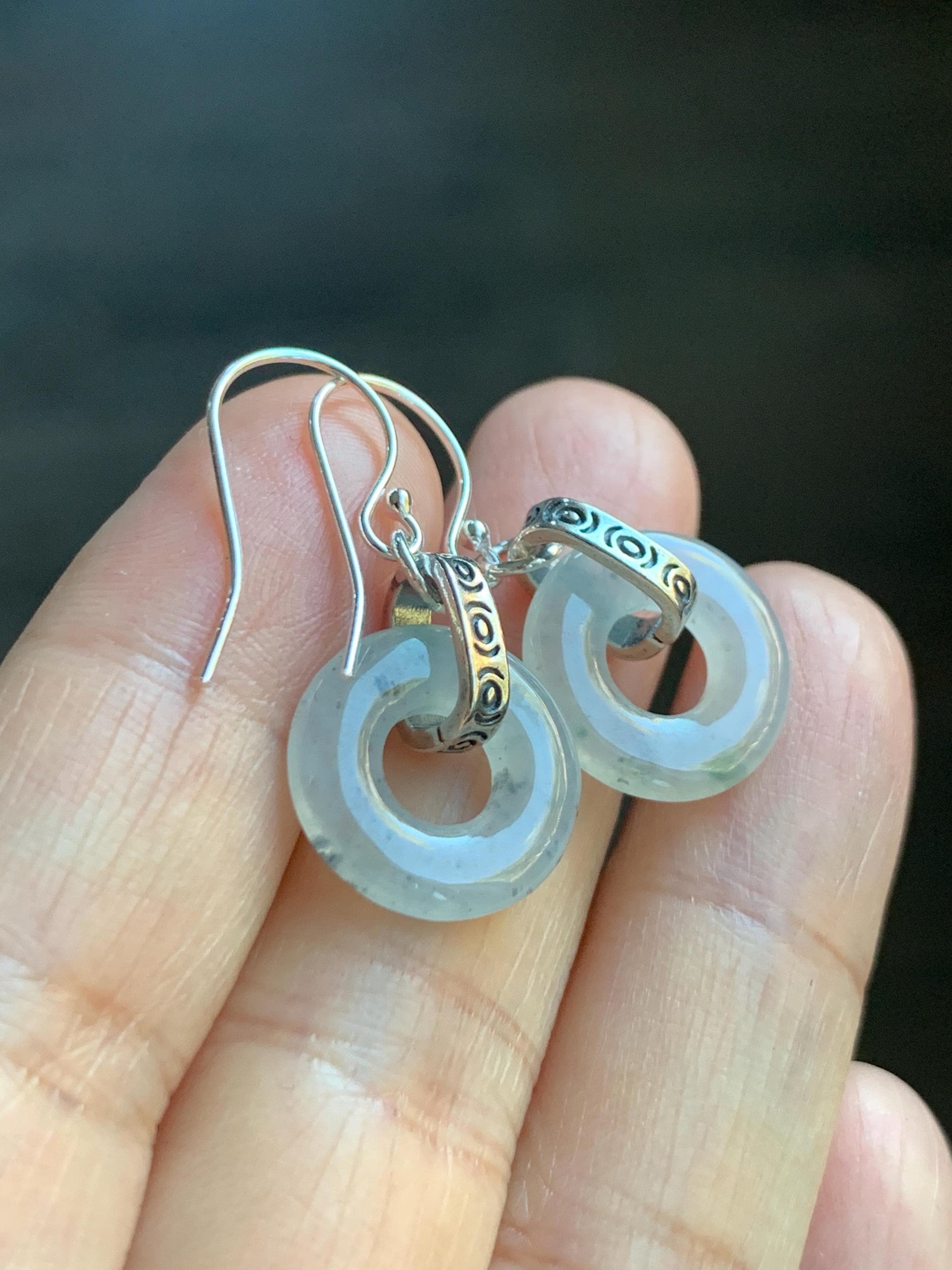 Natural Grade A Icy Highly Translucent White Wuji Jade Jadeite Ping An Kou Donut Ring Earrings Sterling Silver 天然起冰白乌鸡翡翠平安扣耳钩 MWJ66A