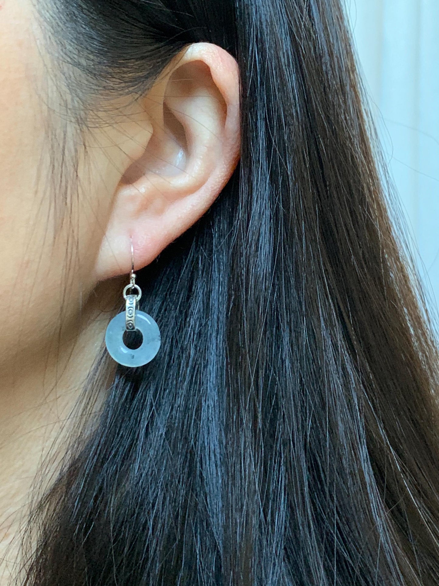 Natural Grade A Icy Highly Translucent White Wuji Jade Jadeite Ping An Kou Donut Ring Earrings Sterling Silver 天然起冰白乌鸡翡翠平安扣耳钩 MWJ66A