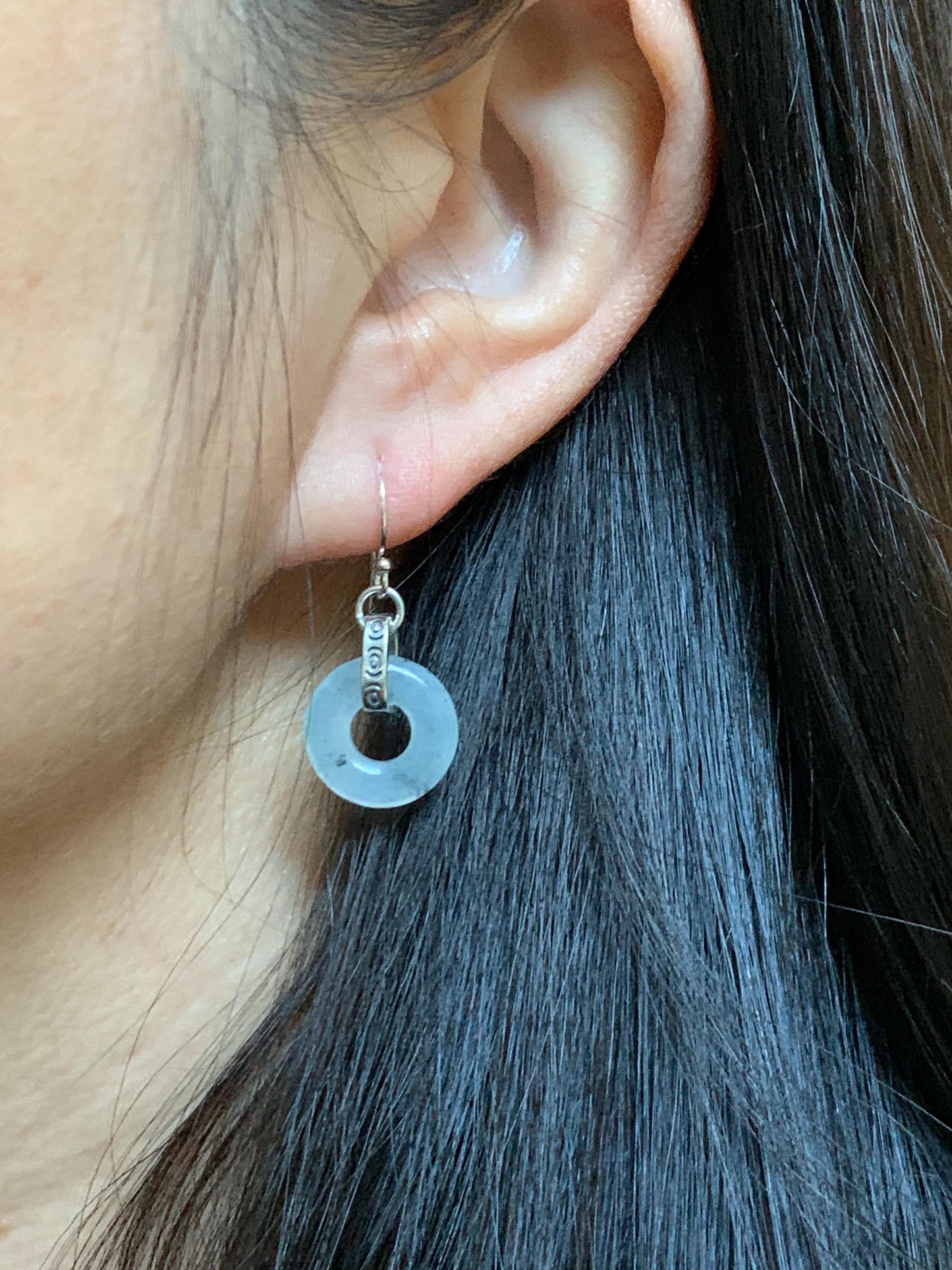 Natural Grade A Icy Highly Translucent White Wuji Jade Jadeite Ping An Kou Donut Ring Earrings Sterling Silver 天然起冰白乌鸡翡翠平安扣耳钩 MWJ66A