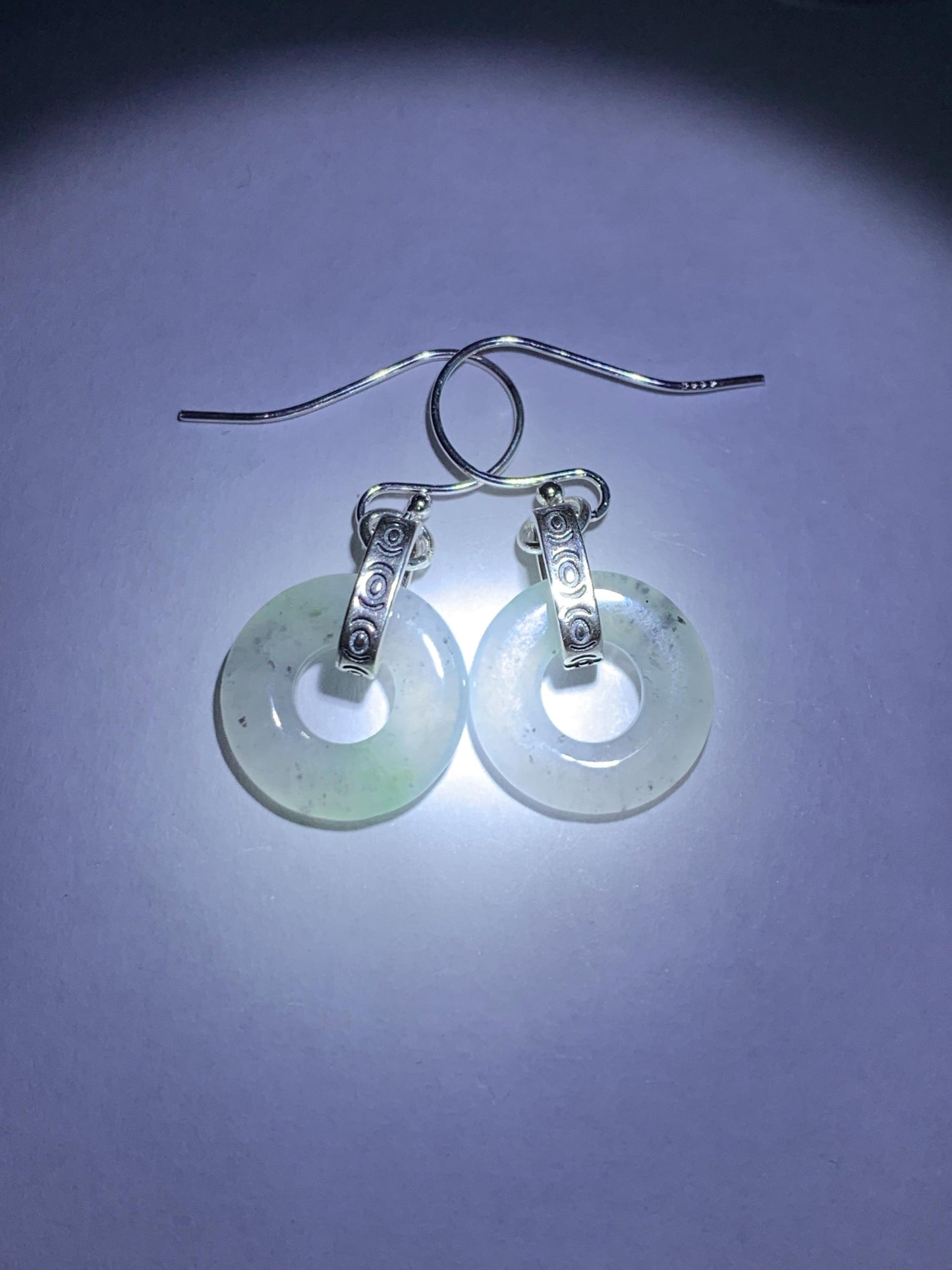 Natural Grade A Icy Highly Translucent White Wuji Jade Jadeite Ping An Kou Donut Ring Earrings Sterling Silver 天然起冰白乌鸡翡翠平安扣耳钩 MWJ66B