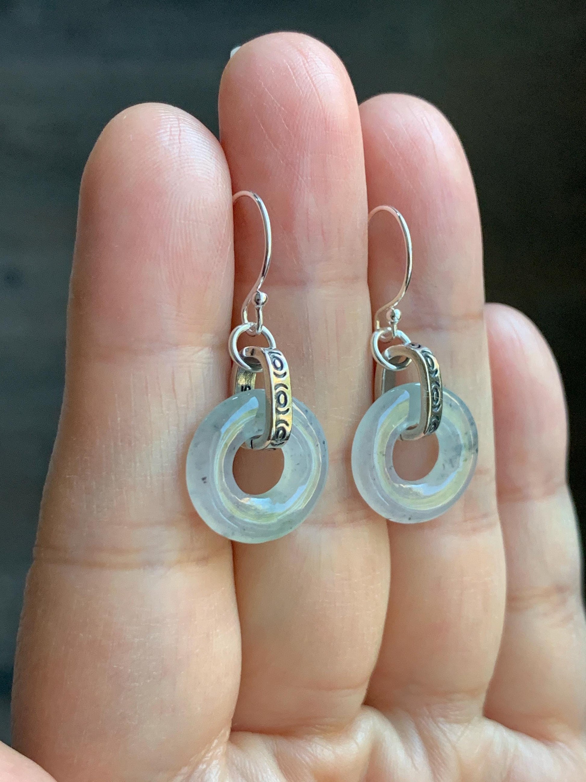 Natural Grade A Icy Highly Translucent White Wuji Jade Jadeite Ping An Kou Donut Ring Earrings Sterling Silver 天然起冰白乌鸡翡翠平安扣耳钩 MWJ66B