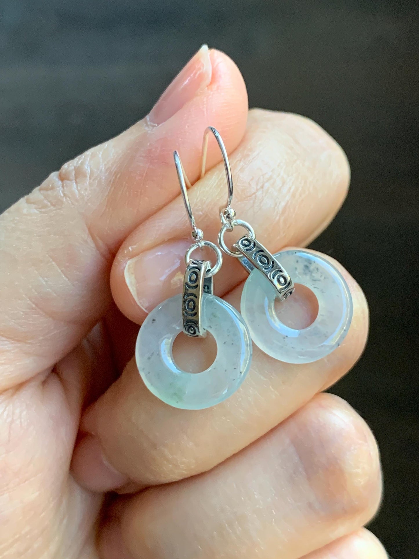 Natural Grade A Icy Highly Translucent White Wuji Jade Jadeite Ping An Kou Donut Ring Earrings Sterling Silver 天然起冰白乌鸡翡翠平安扣耳钩 MWJ66B