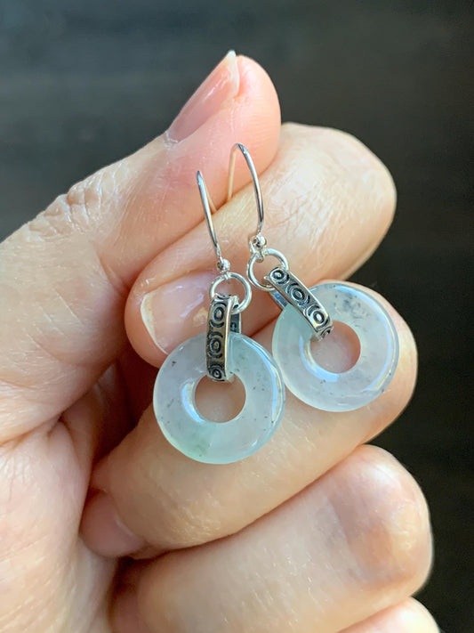 Natural Grade A Icy Highly Translucent White Wuji Jade Jadeite Ping An Kou Donut Ring Earrings Sterling Silver 天然起冰白乌鸡翡翠平安扣耳钩 MWJ66B