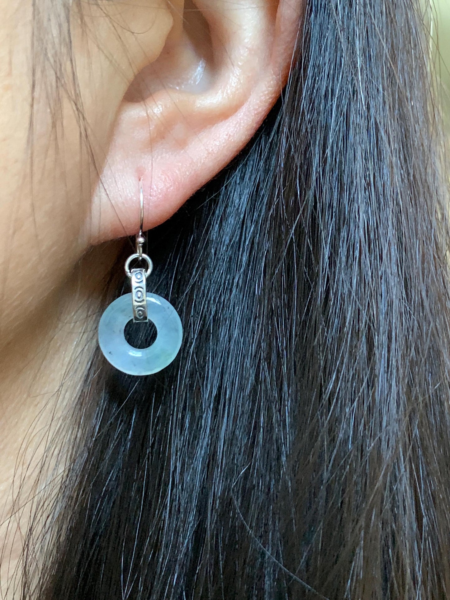 Natural Grade A Icy Highly Translucent White Wuji Jade Jadeite Ping An Kou Donut Ring Earrings Sterling Silver 天然起冰白乌鸡翡翠平安扣耳钩 MWJ66B