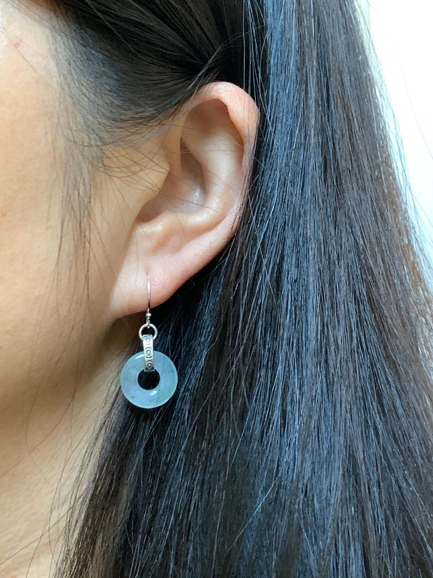 Natural Grade A Icy Highly Translucent White Wuji Jade Jadeite Ping An Kou Donut Ring Earrings Sterling Silver 天然起冰白乌鸡翡翠平安扣耳钩 MWJ66B