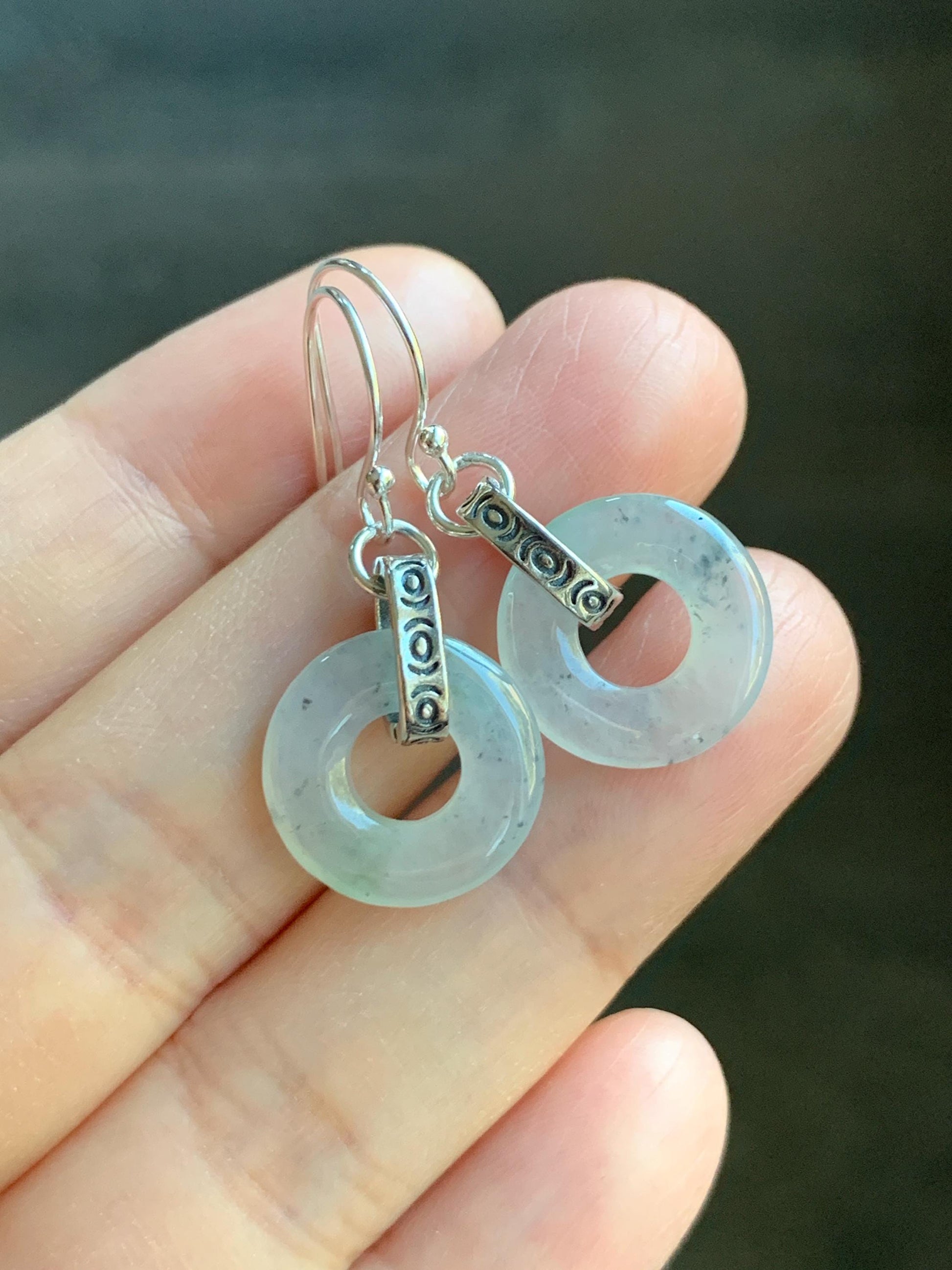 Natural Grade A Icy Highly Translucent White Wuji Jade Jadeite Ping An Kou Donut Ring Earrings Sterling Silver 天然起冰白乌鸡翡翠平安扣耳钩 MWJ66B