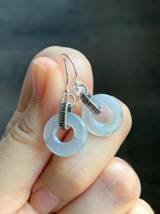 Natural Grade A Icy Highly Translucent White Wuji Jade Jadeite Ping An Kou Donut Ring Earrings Sterling Silver 天然起冰白乌鸡翡翠平安扣耳钩 MWJ66A