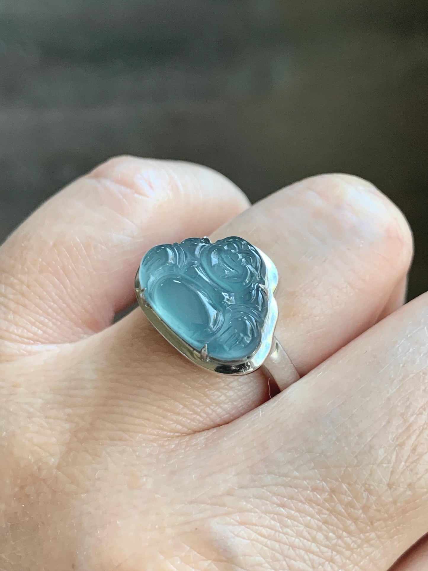 Certified Natural Guatemalan Icy Highly Translucent Dusty Blue Jade Jadeite Buddha Ring Sterling Silver Size 7 US 5.88g 天然冰危浅蓝起光翡翠佛公戒指 1679