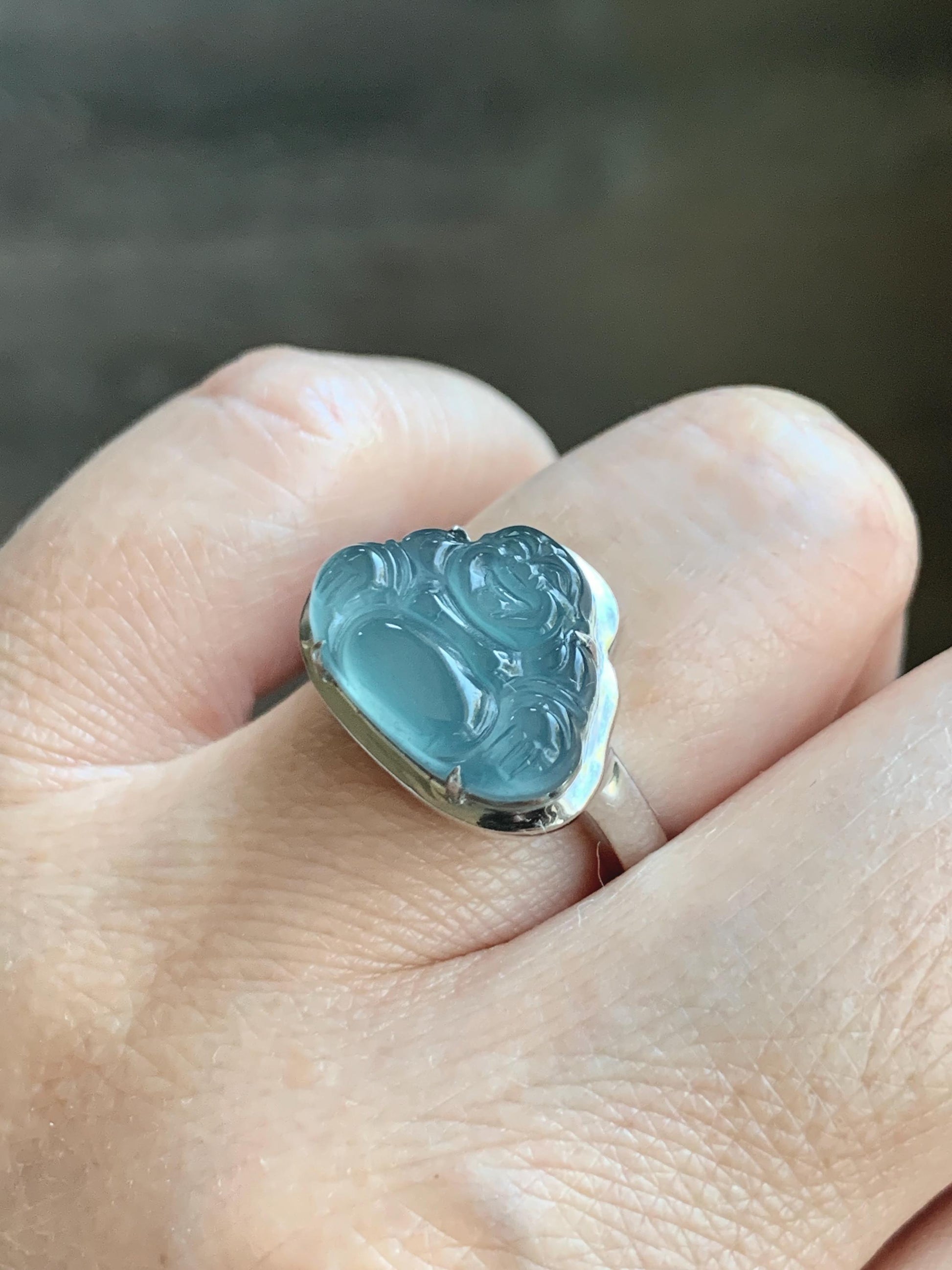 Certified Natural Guatemalan Icy Highly Translucent Dusty Blue Jade Jadeite Buddha Ring Sterling Silver Size 7 US 5.88g 天然冰危浅蓝起光翡翠佛公戒指 1679