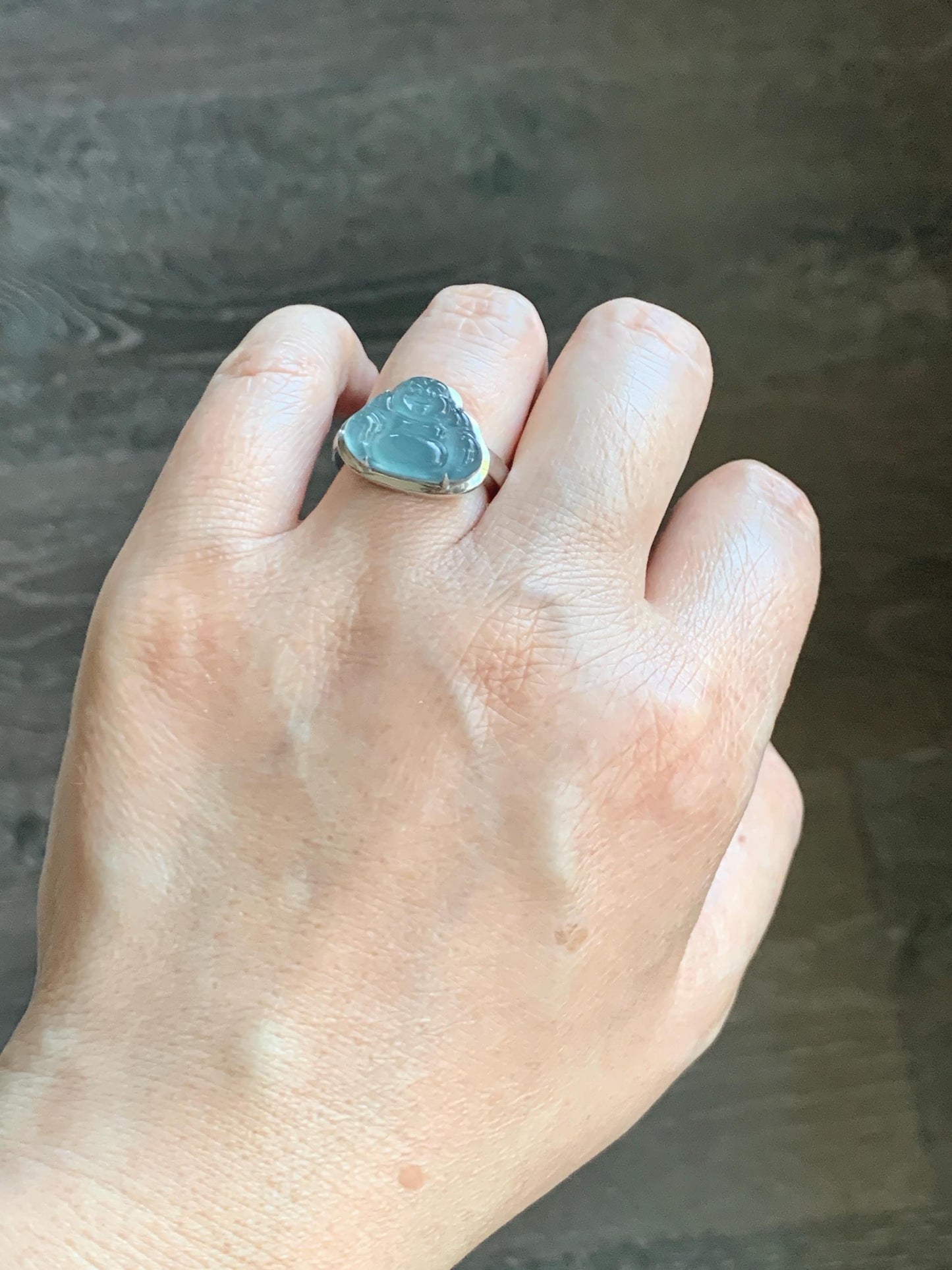 Certified Natural Guatemalan Icy Highly Translucent Dusty Blue Jade Jadeite Buddha Ring Sterling Silver Size 7 US 5.88g 天然冰危浅蓝起光翡翠佛公戒指 1679
