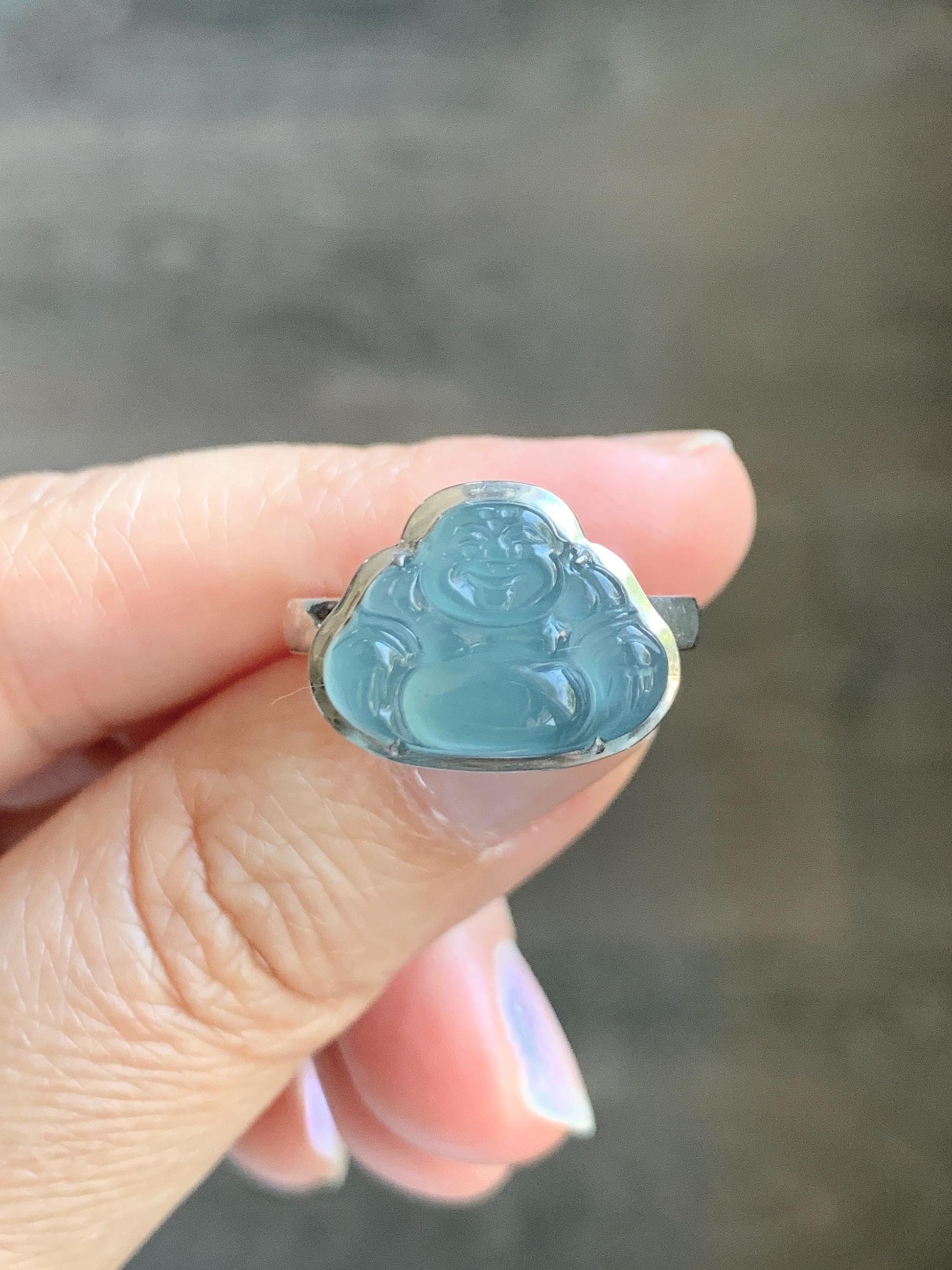 Certified Natural Guatemalan Icy Highly Translucent Dusty Blue Jade Jadeite Buddha Ring Sterling Silver Size 7 US 5.88g 天然冰危浅蓝起光翡翠佛公戒指 1679