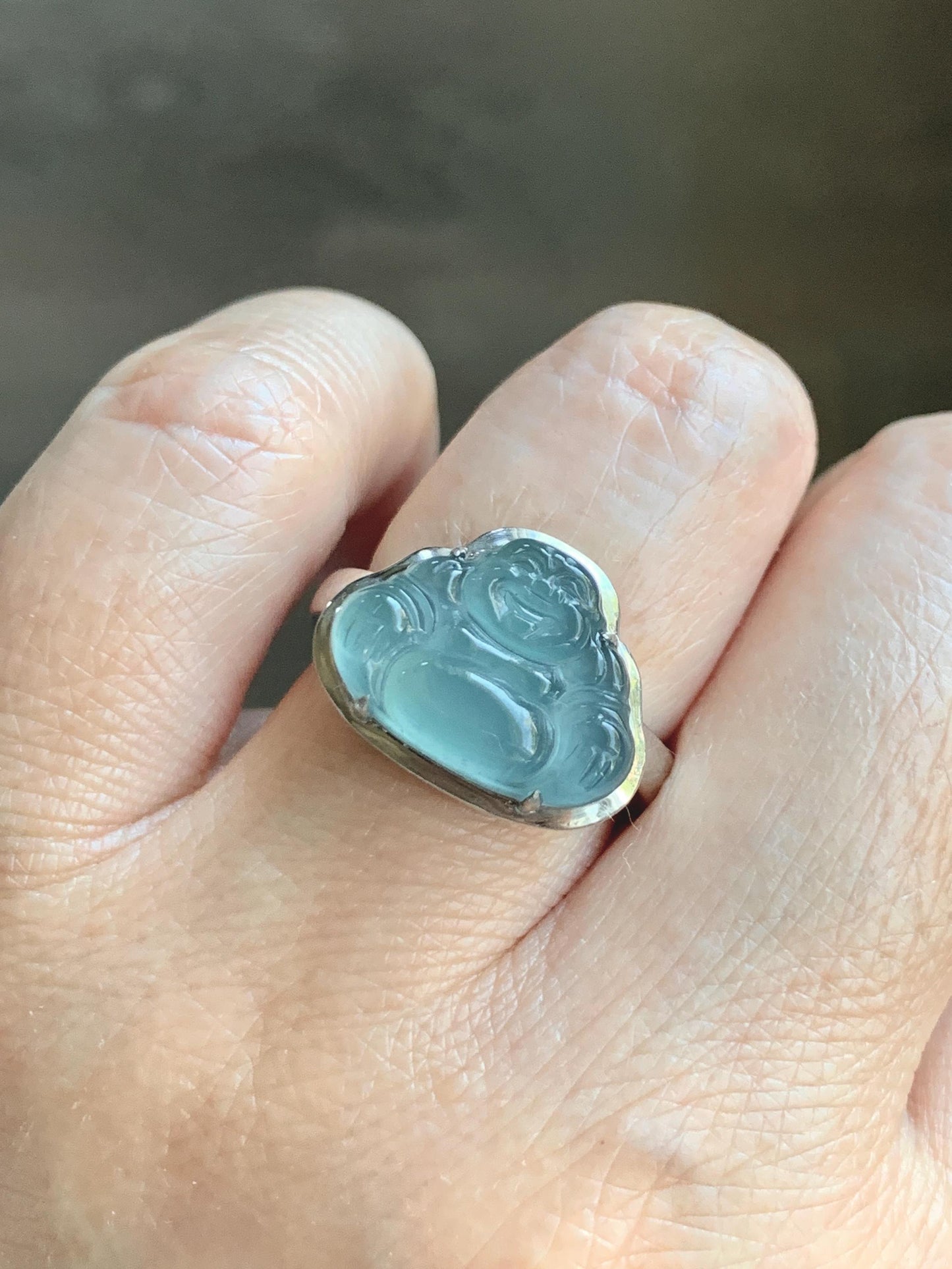 Certified Natural Guatemalan Icy Highly Translucent Dusty Blue Jade Jadeite Buddha Ring Sterling Silver Size 7 US 5.88g 天然冰危浅蓝起光翡翠佛公戒指 1679