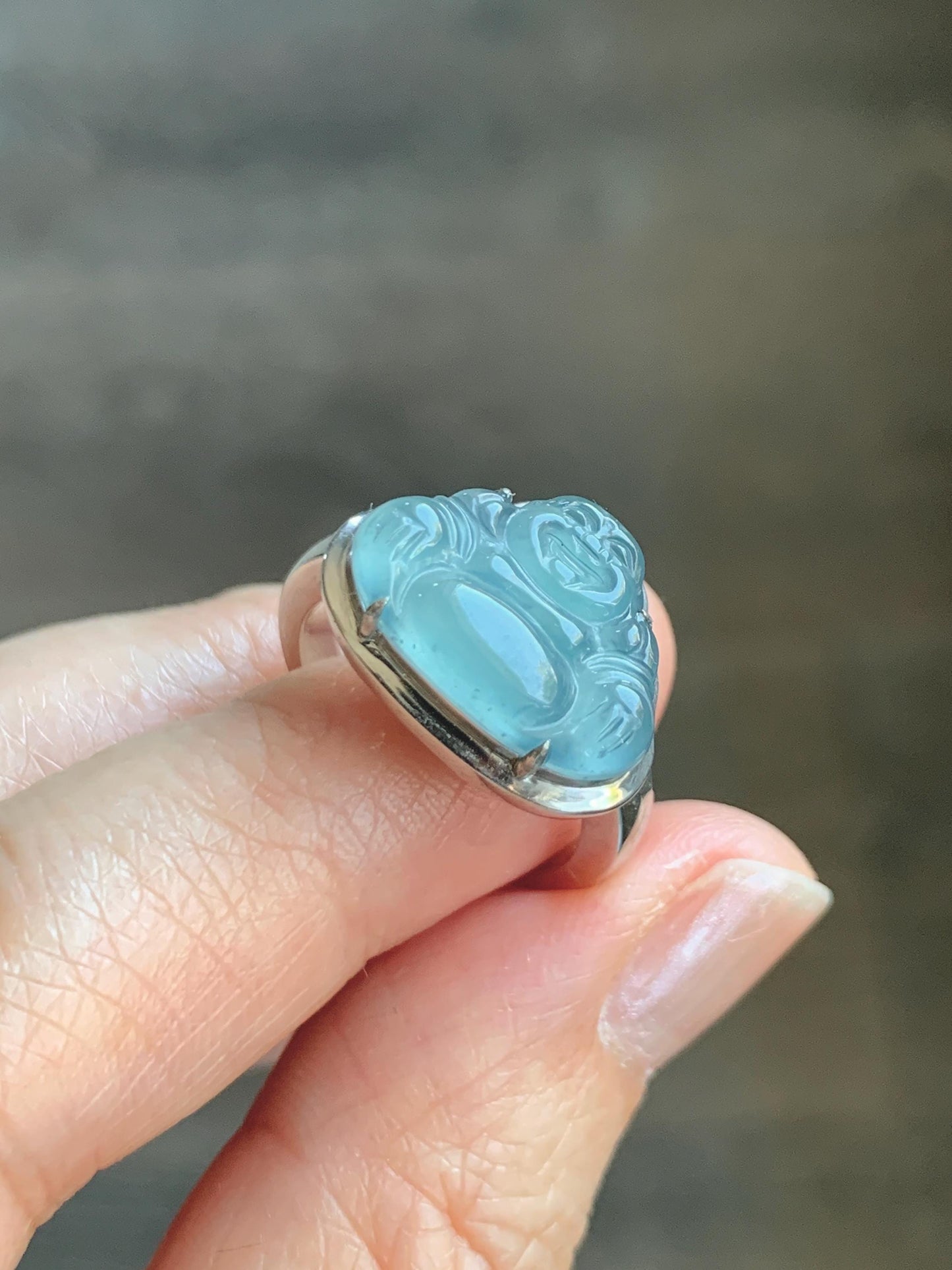 Certified Natural Guatemalan Icy Highly Translucent Dusty Blue Jade Jadeite Buddha Ring Sterling Silver Size 7 US 5.88g 天然冰危浅蓝起光翡翠佛公戒指 1679