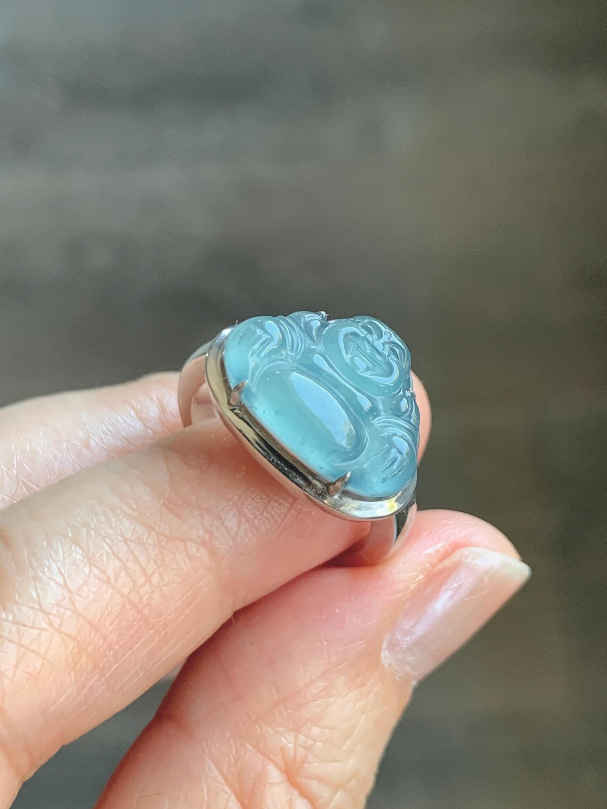 Certified Natural Guatemalan Icy Highly Translucent Dusty Blue Jade Jadeite Buddha Ring Sterling Silver Size 7 US 5.88g 天然冰危浅蓝起光翡翠佛公戒指 1679