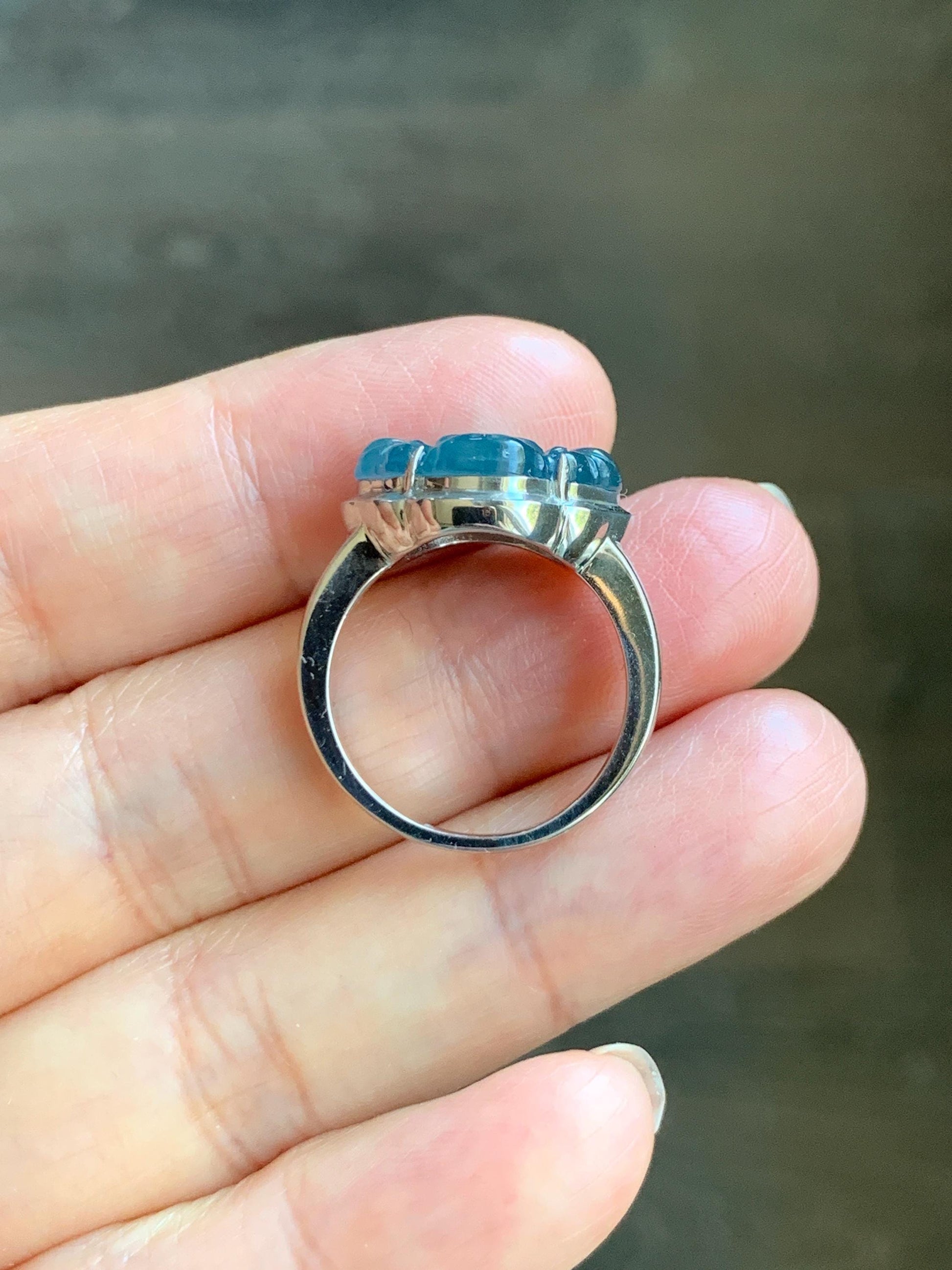 Certified Natural Guatemalan Icy Highly Translucent Dusty Blue Jade Jadeite Buddha Ring Sterling Silver Size 7 US 5.88g 天然冰危浅蓝起光翡翠佛公戒指 1679