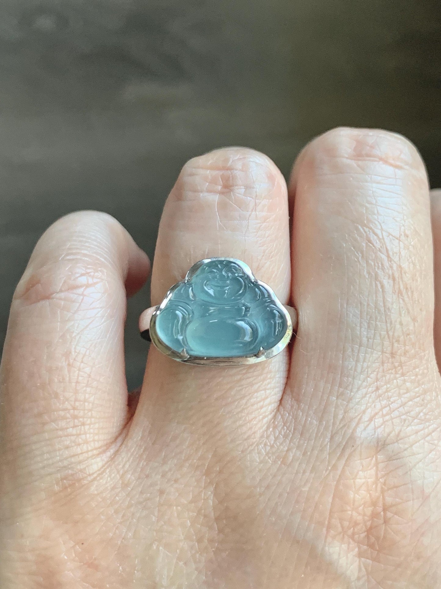 Certified Natural Guatemalan Icy Highly Translucent Dusty Blue Jade Jadeite Buddha Ring Sterling Silver Size 7 US 5.88g 天然冰危浅蓝起光翡翠佛公戒指 1679