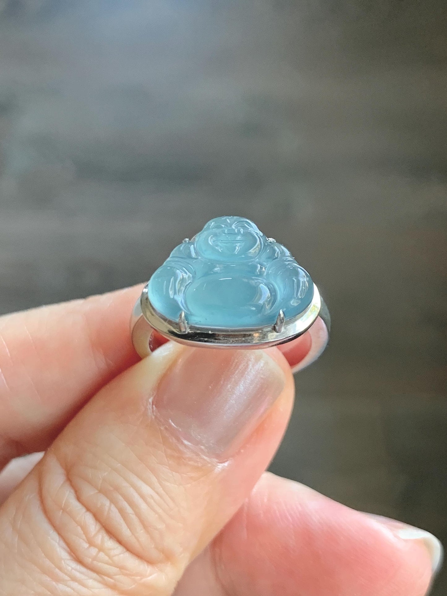Certified Natural Guatemalan Icy Highly Translucent Dusty Blue Jade Jadeite Buddha Ring Sterling Silver Size 7 US 5.88g 天然冰危浅蓝起光翡翠佛公戒指 1679