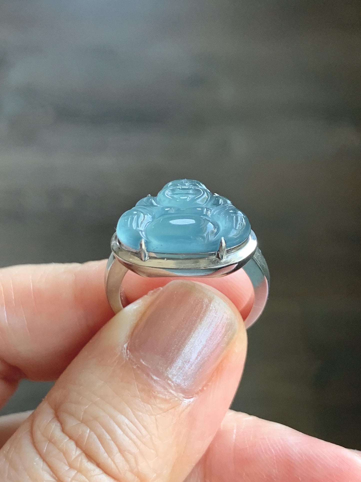 Certified Natural Guatemalan Icy Highly Translucent Dusty Blue Jade Jadeite Buddha Ring Sterling Silver Size 7 US 5.88g 天然冰危浅蓝起光翡翠佛公戒指 1679