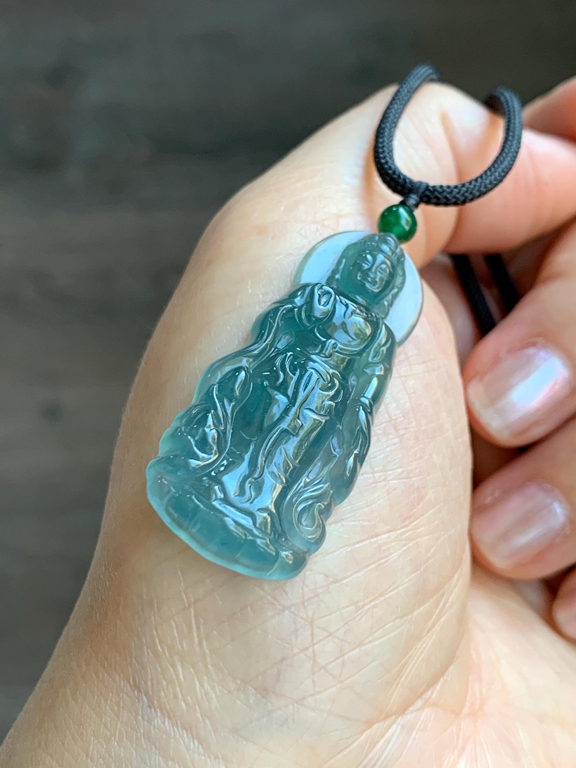 Certified Natural Grade A Guatemalan Icy Highly Translucent Dark Blue Jade Jadeite Guanyin Pendant Rope Necklace 26.5” 6g 天然冰胶危蓝绿翡翠站观音吊坠 101
