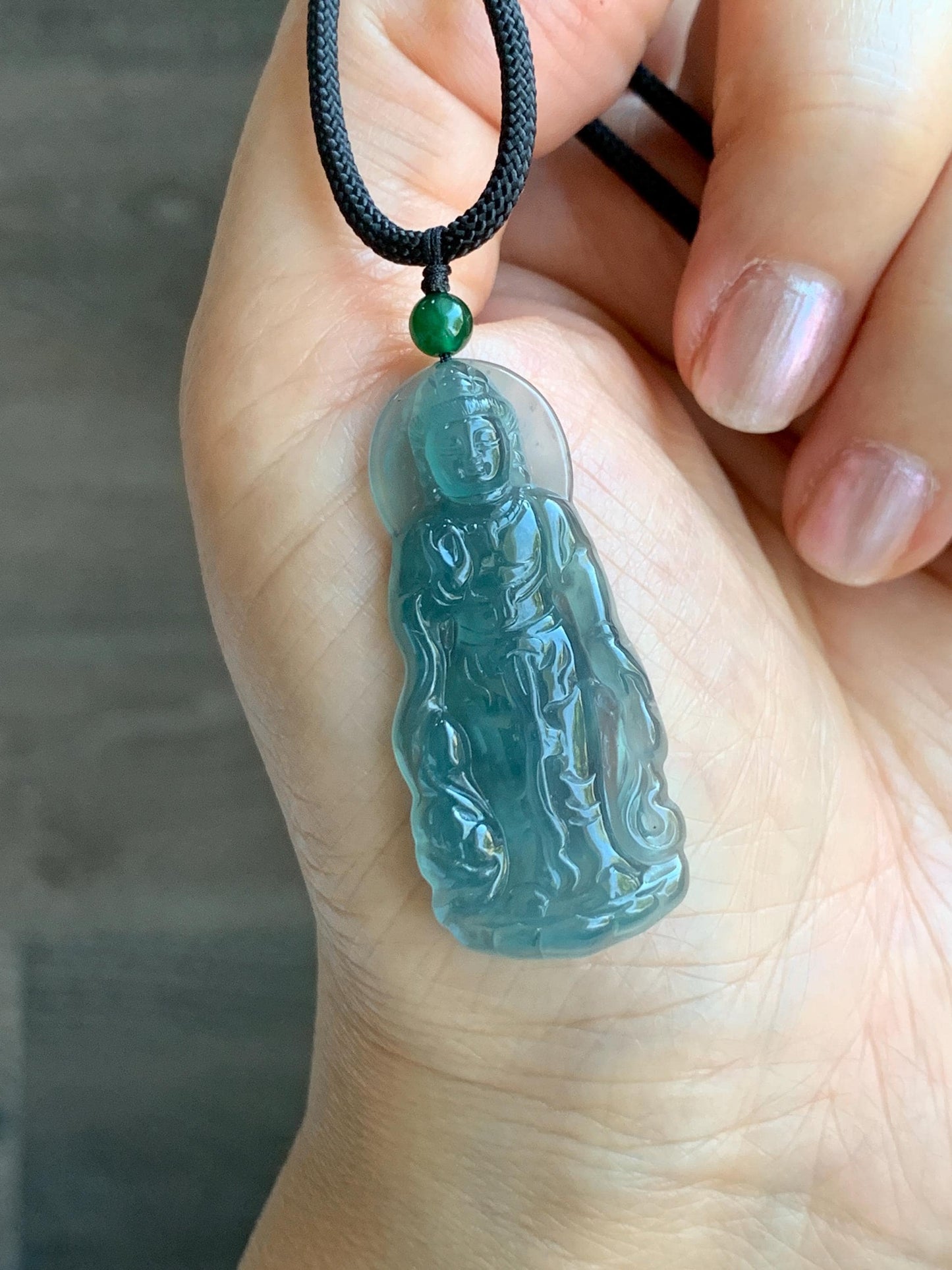 Certified Natural Grade A Guatemalan Icy Highly Translucent Dark Blue Jade Jadeite Guanyin Pendant Rope Necklace 26.5” 6g 天然冰胶危蓝绿翡翠站观音吊坠 101