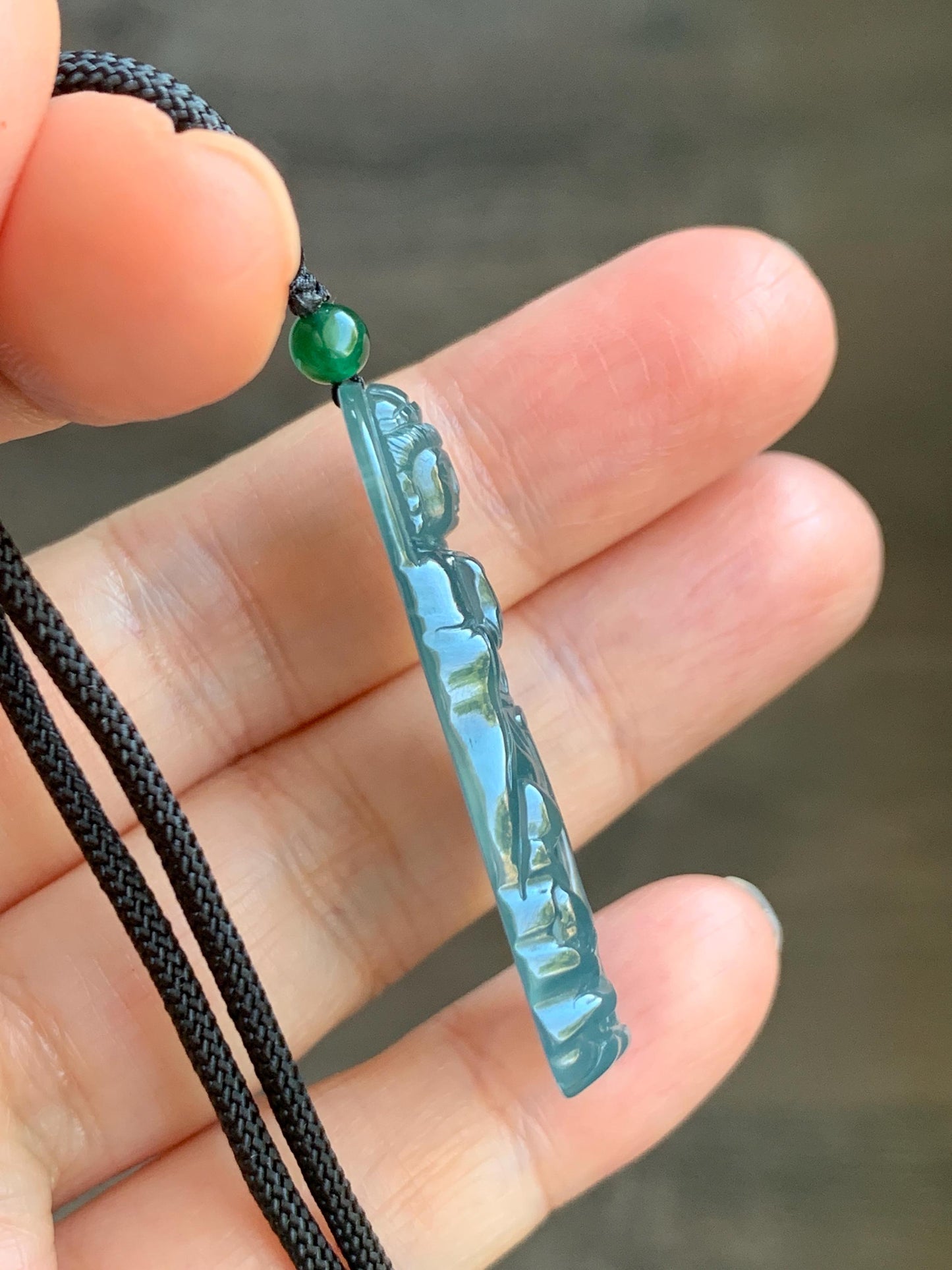 Certified Natural Grade A Guatemalan Icy Highly Translucent Dark Blue Jade Jadeite Guanyin Pendant Rope Necklace 26.5” 6g 天然冰胶危蓝绿翡翠站观音吊坠 101