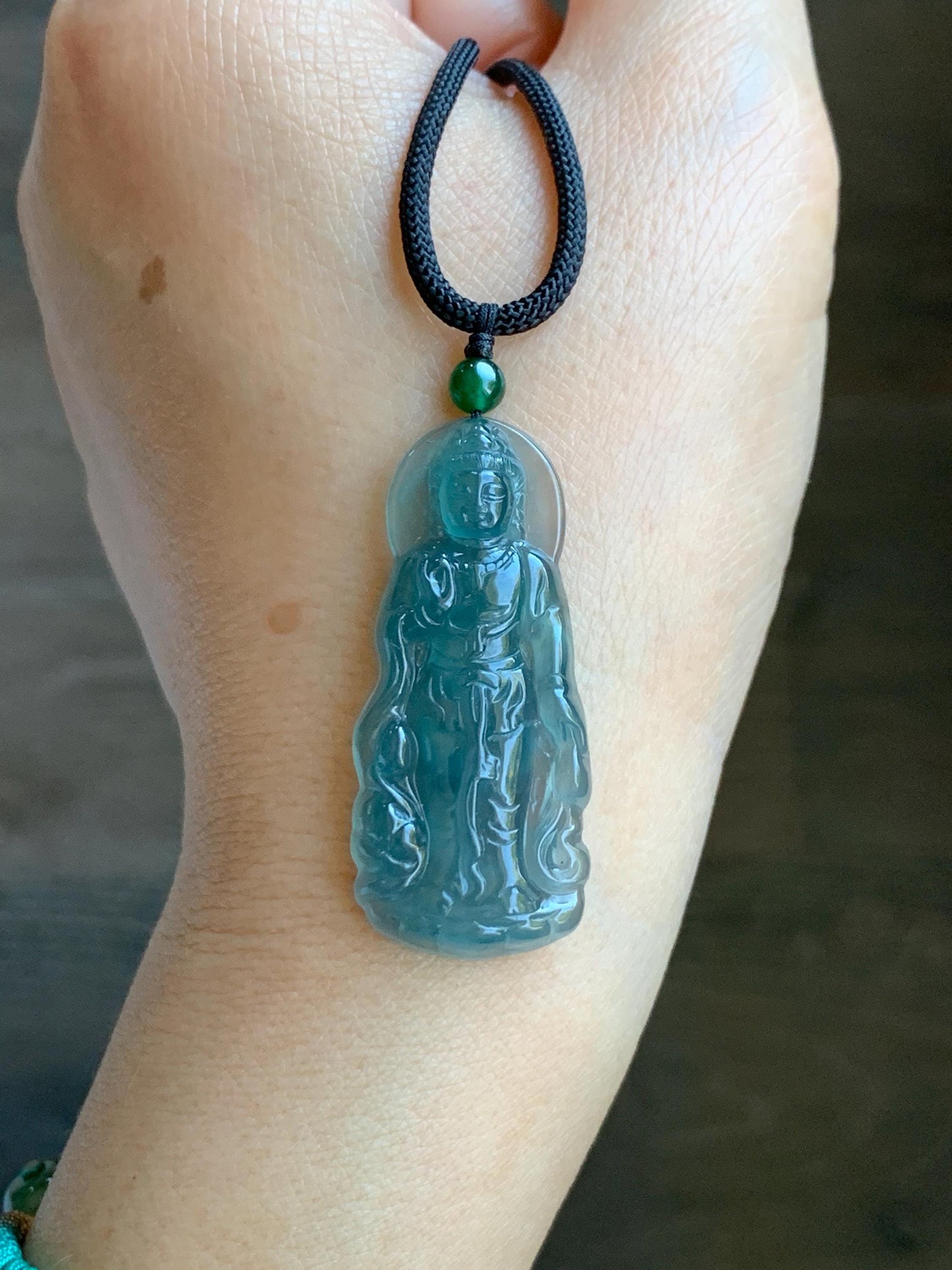 Certified Natural Grade A Guatemalan Icy Highly Translucent Dark Blue Jade Jadeite Guanyin Pendant Rope Necklace 26.5” 6g 天然冰胶危蓝绿翡翠站观音吊坠 101