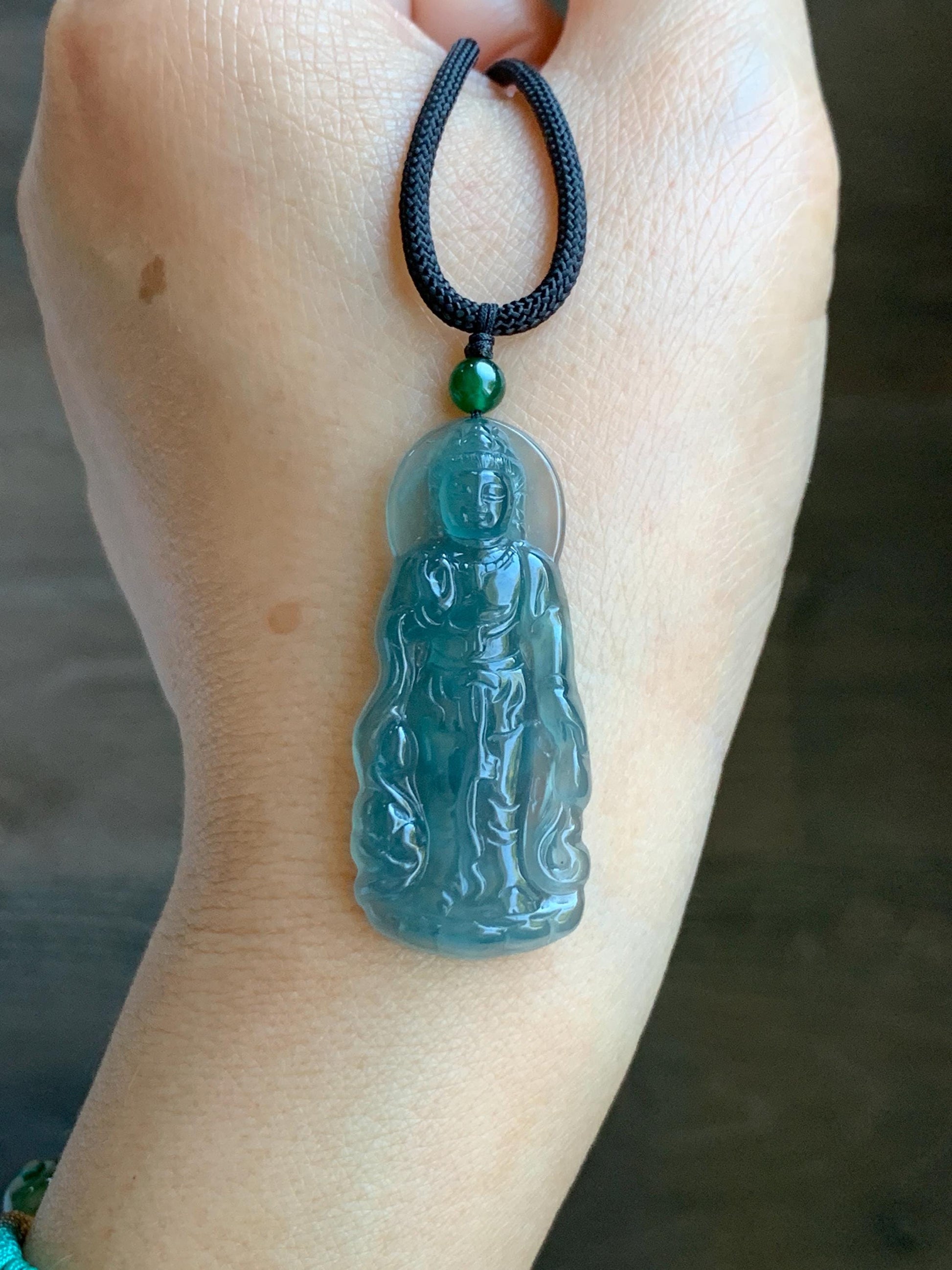 Certified Natural Grade A Guatemalan Icy Highly Translucent Dark Blue Jade Jadeite Guanyin Pendant Rope Necklace 26.5” 6g 天然冰胶危蓝绿翡翠站观音吊坠 101