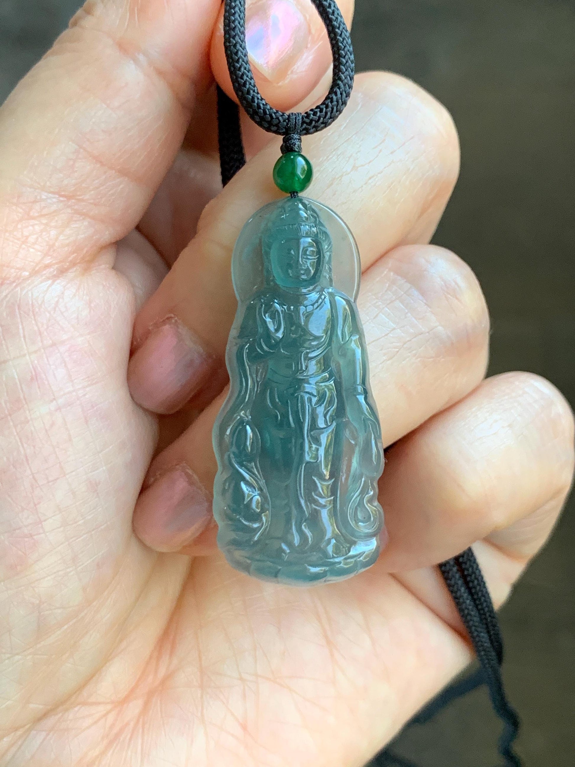 Certified Natural Grade A Guatemalan Icy Highly Translucent Dark Blue Jade Jadeite Guanyin Pendant Rope Necklace 26.5” 6g 天然冰胶危蓝绿翡翠站观音吊坠 101
