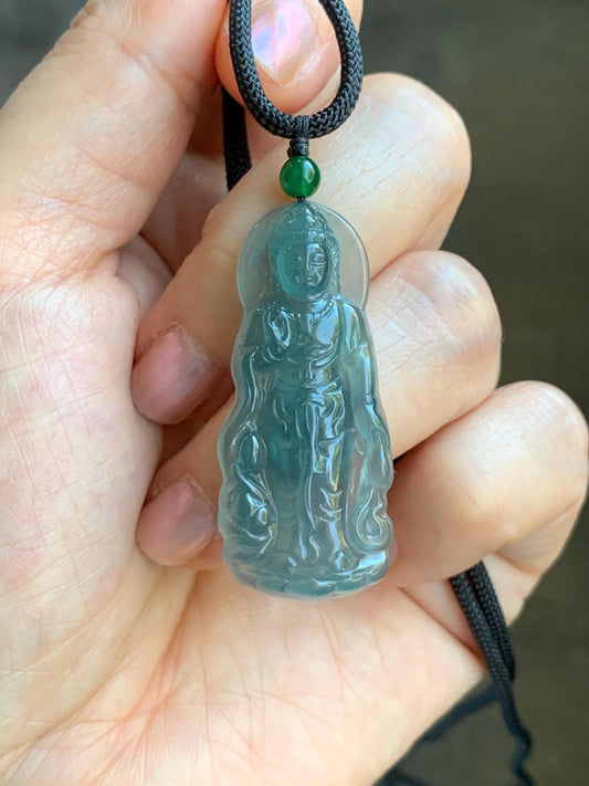 Certified Natural Grade A Guatemalan Icy Highly Translucent Dark Blue Jade Jadeite Guanyin Pendant Rope Necklace 26.5” 6g 天然冰胶危蓝绿翡翠站观音吊坠 101