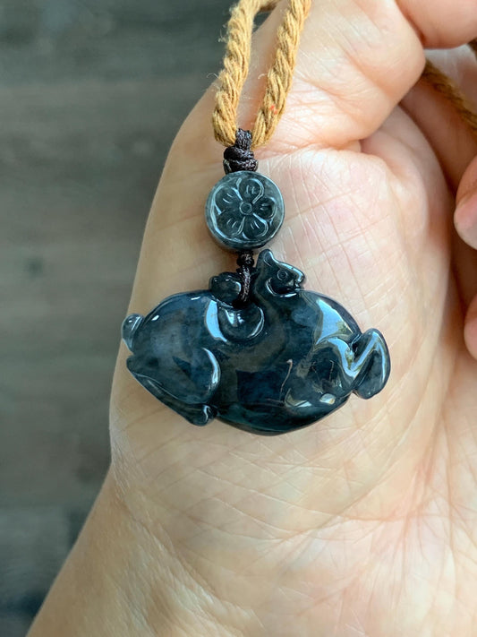 Natural Grade A Icy Translucent Dark Wuji Jade Jadeite Carved Tang Horse Pendant Rope Necklace 24” 13g 天然冰深色乌鸡翡翠唐马吊坠 MWM220