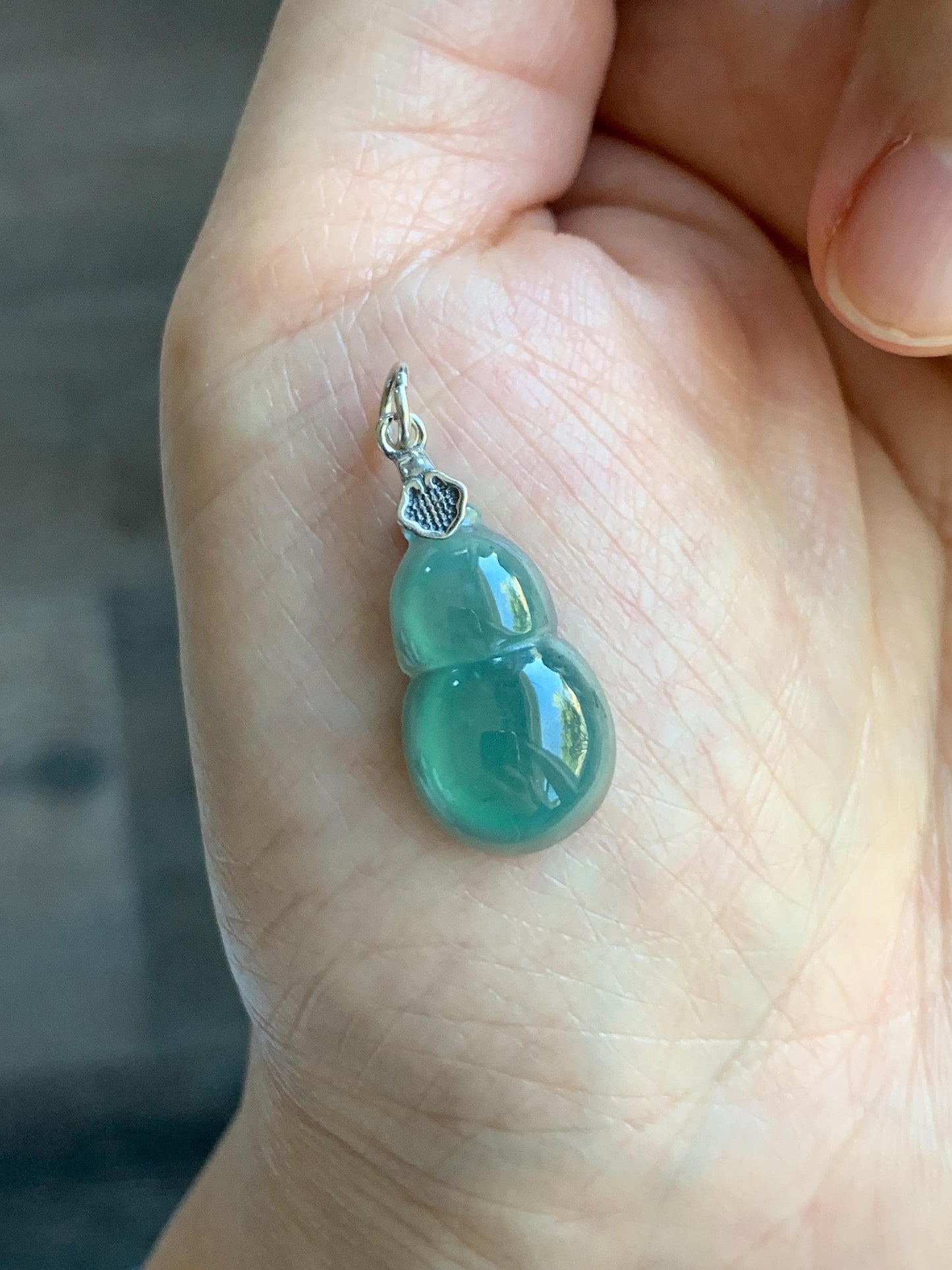 Natural Grade A Guatemalan Icy Translucent Teal Green Jade Jadeite Gourd Hulu Pendant Sterling Silver 2g 天然冰危蓝绿翡翠葫芦吊坠 WHG110B