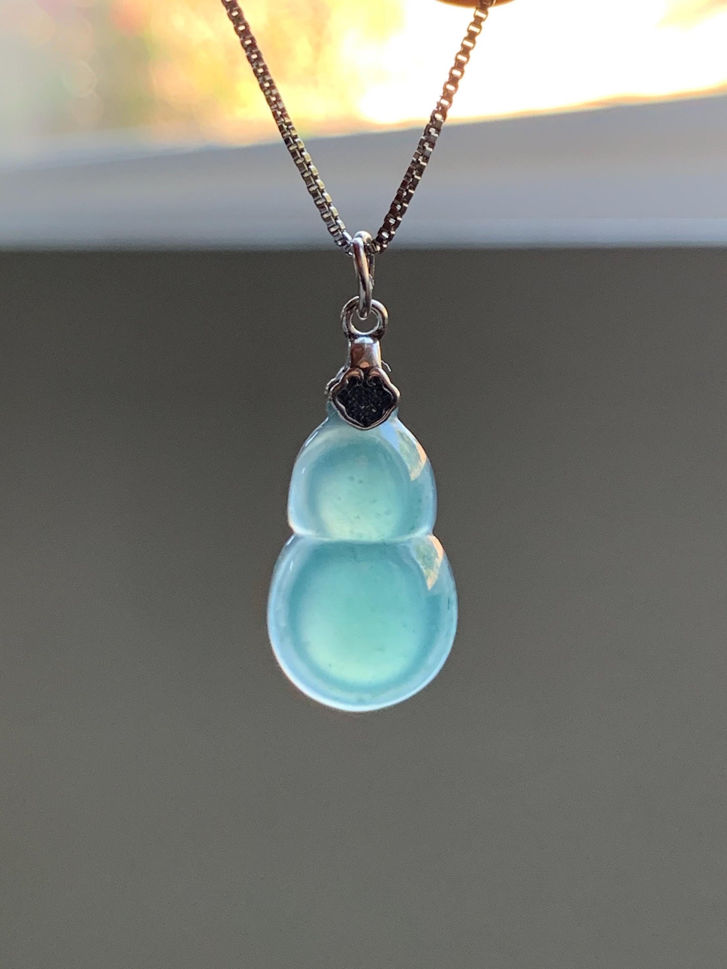 Natural Grade A Guatemalan Icy Translucent Teal Green Jade Jadeite Gourd Hulu Pendant Sterling Silver 2g 天然冰危蓝绿翡翠葫芦吊坠 WHG110B