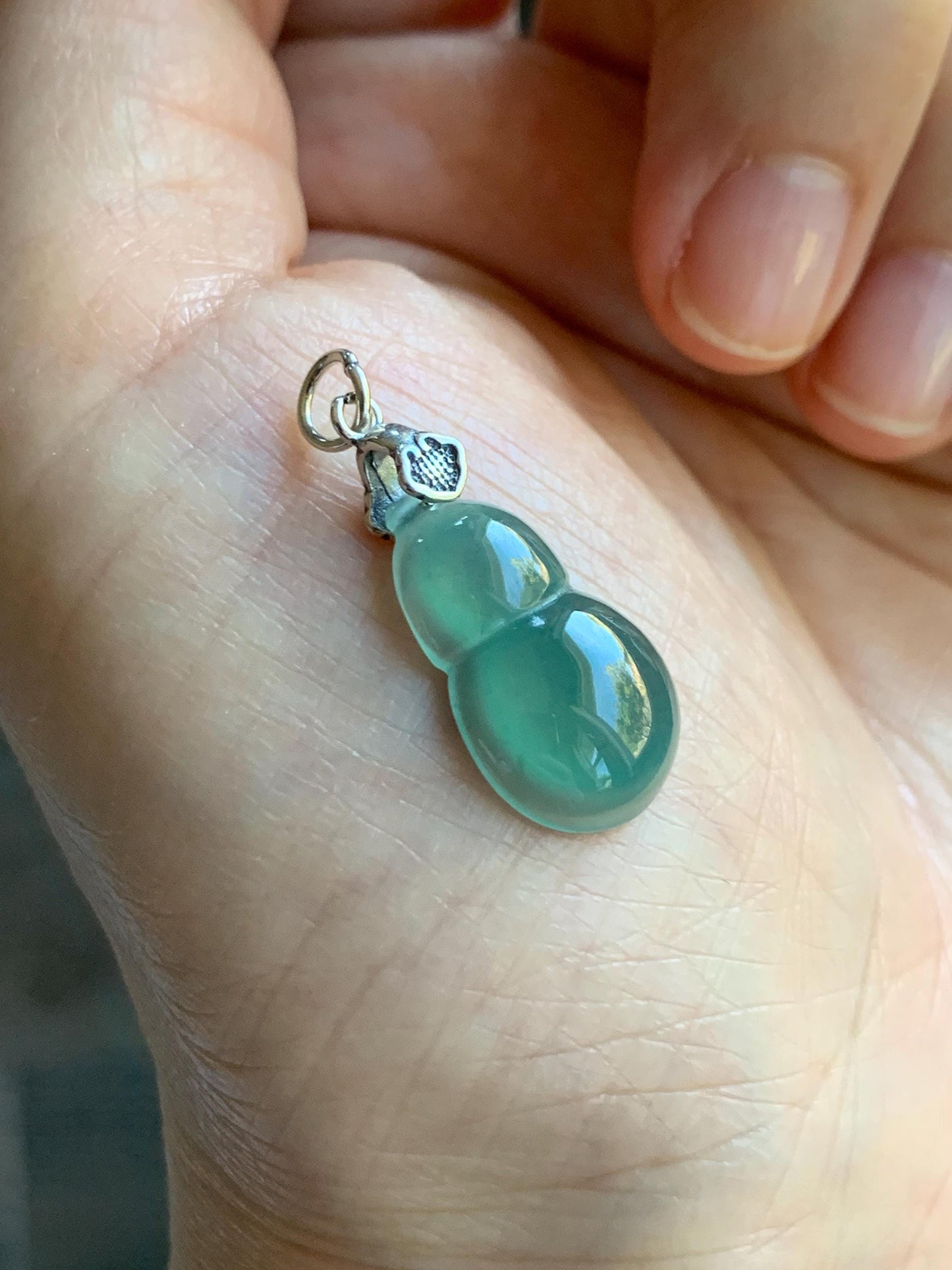 Natural Grade A Guatemalan Icy Translucent Teal Green Jade Jadeite Gourd Hulu Pendant Sterling Silver 2g 天然冰危蓝绿翡翠葫芦吊坠 WHG110B