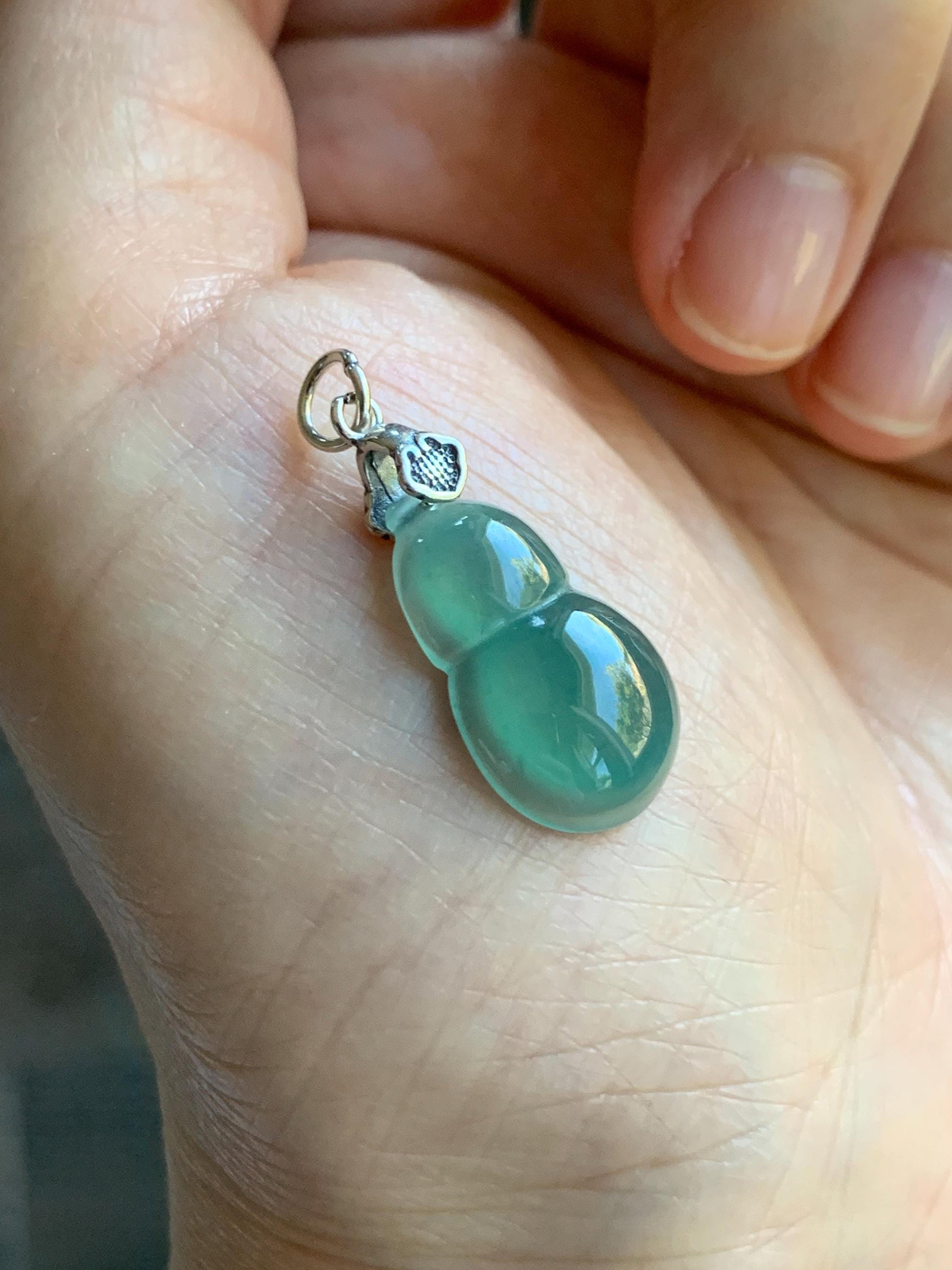 Natural Grade A Guatemalan Icy Translucent Teal Green Jade Jadeite Gourd Hulu Pendant Sterling Silver 2g 天然冰危蓝绿翡翠葫芦吊坠 WHG110B