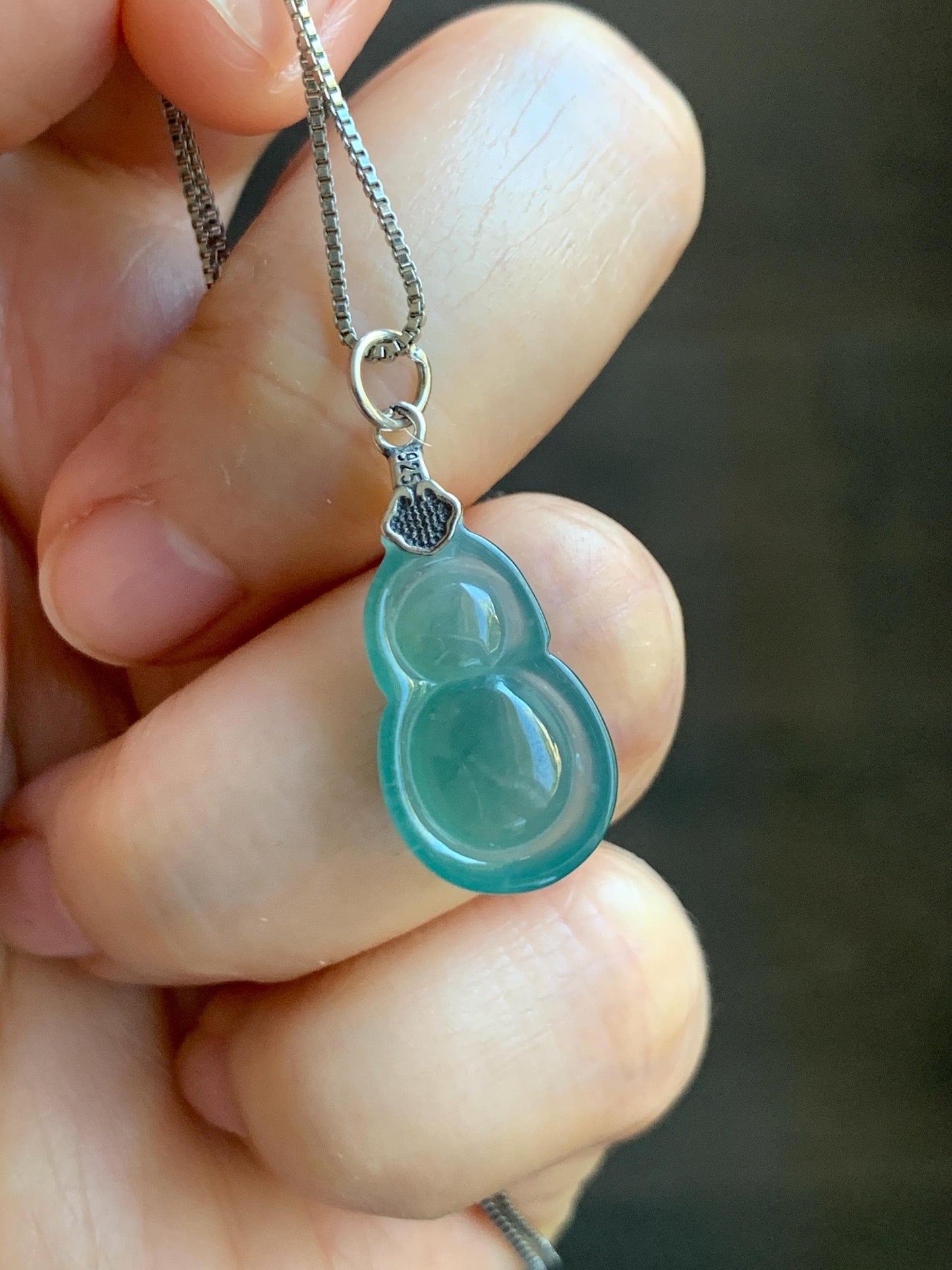 Natural Grade A Guatemalan Icy Translucent Teal Green Jade Jadeite Gourd Hulu Pendant Sterling Silver 2g 天然冰危蓝绿翡翠葫芦吊坠 WHG110B