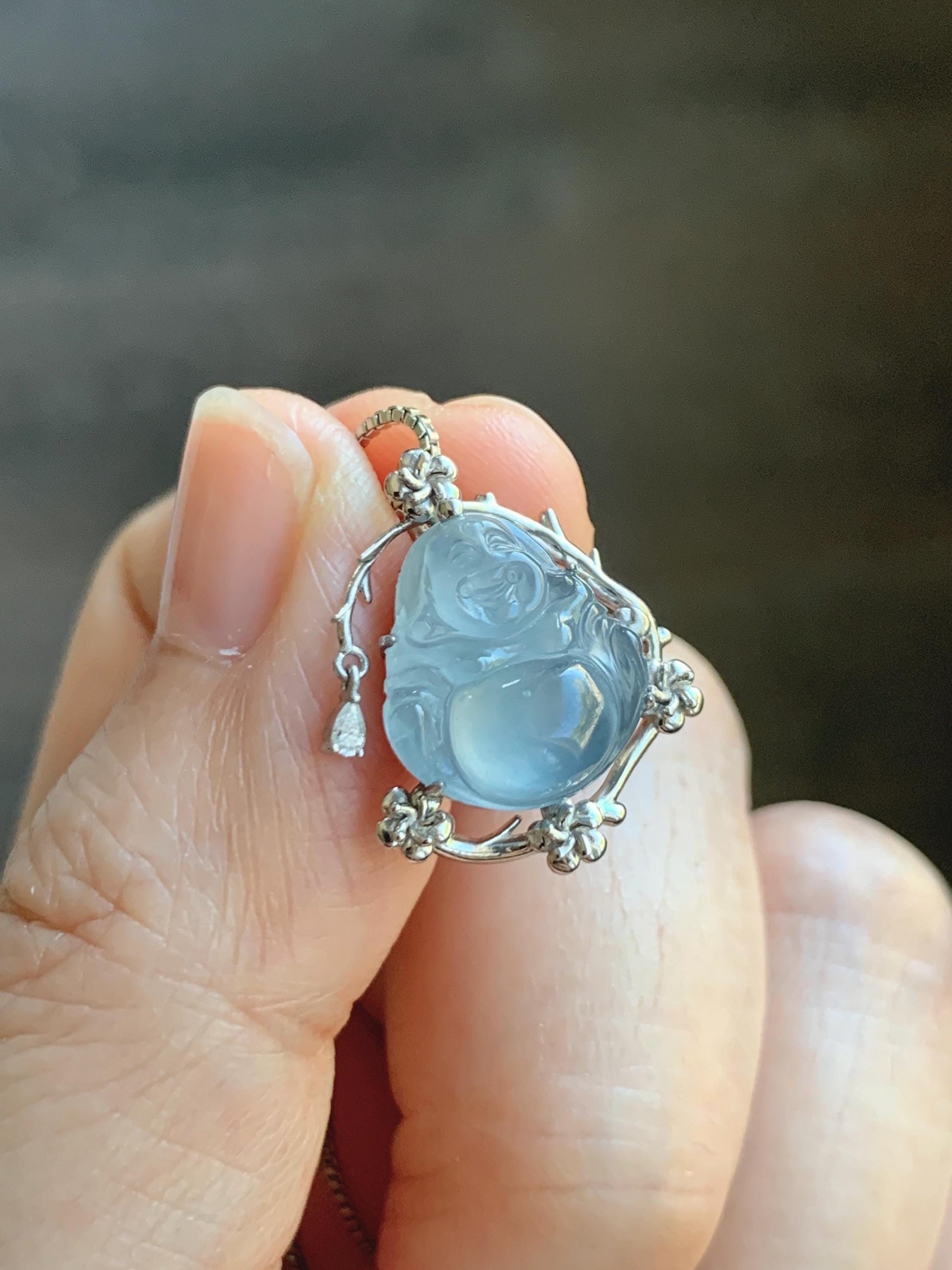 Certified Natural Grade A Guatemalan Icy Translucent Dusty Blue Jade Jadeite Buddha Petite Pendant Sterling Silver 3.12g 天然冰胶危蓝翡翠佛公镶嵌吊坠 161